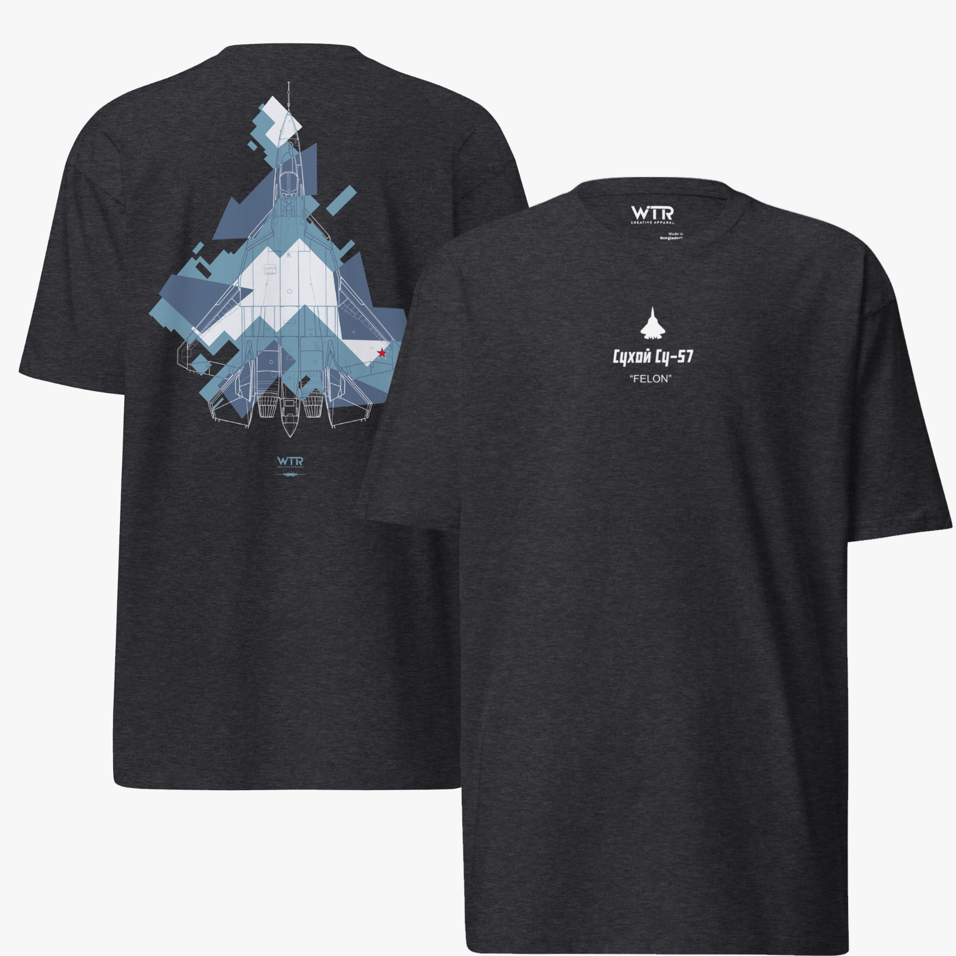 Hand-drawn technical splinter camouflage study of the Sukhoi SU-57 Felon stealth fighter on a premium t-shirt.