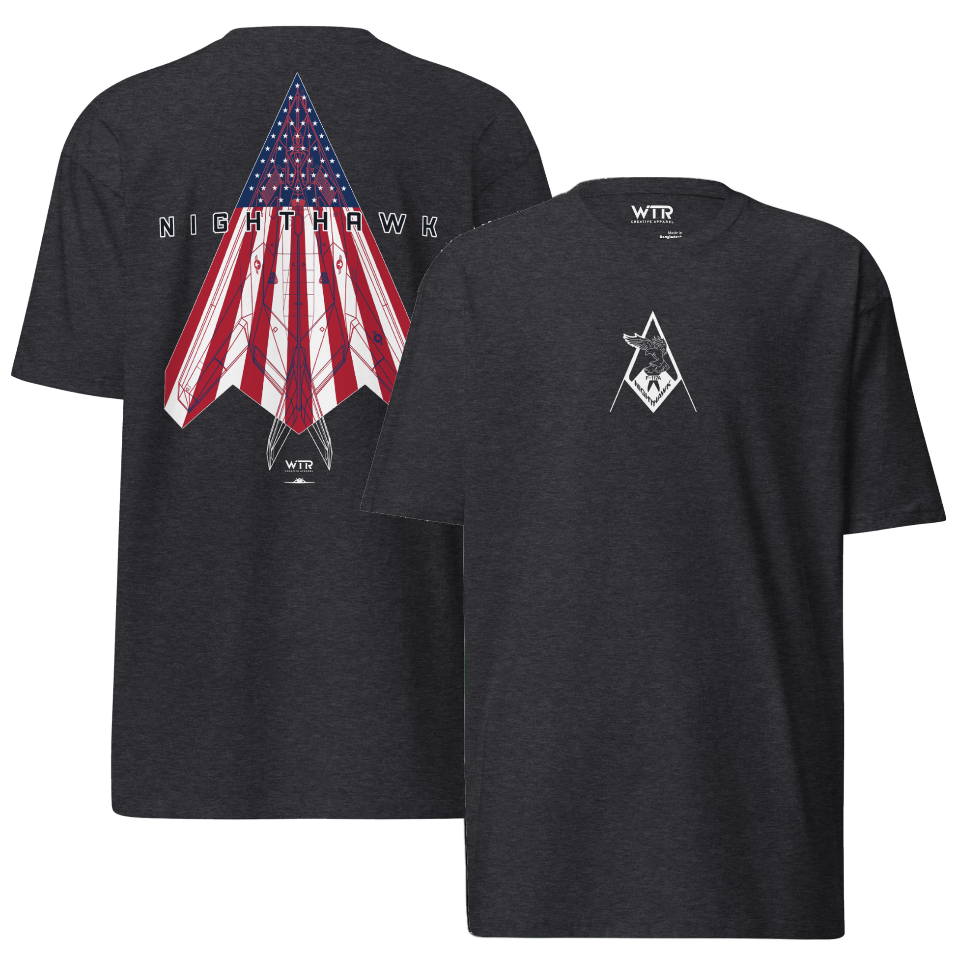 Hand-drawn schematic of the F-117 Nighthawk Last Flight Murica flag livery printed on a premium t-shirt.