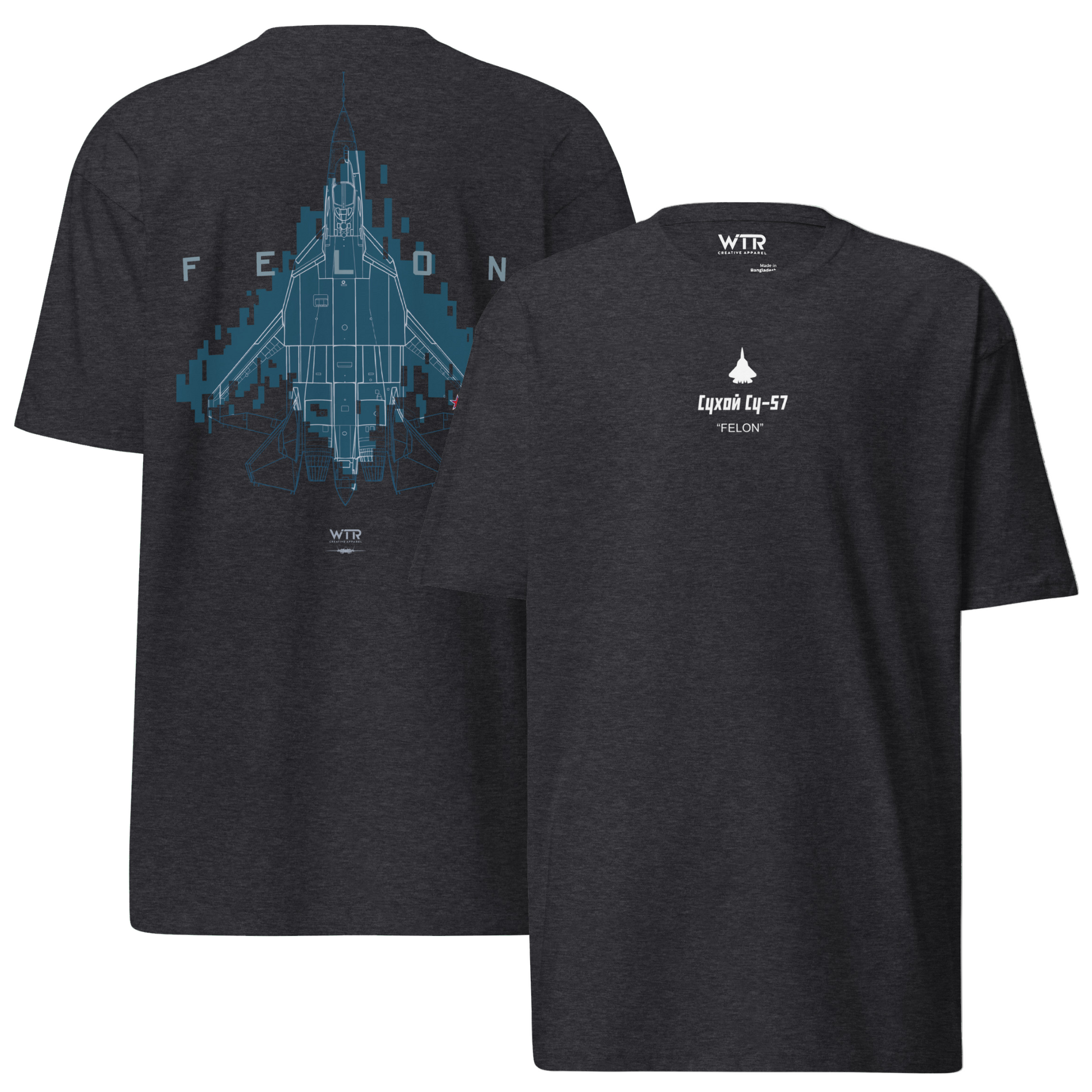 Hand-drawn technical Digital Pixel 2 camouflage study of the Sukhoi SU-57 Felon stealth fighter on a premium t-shirt.