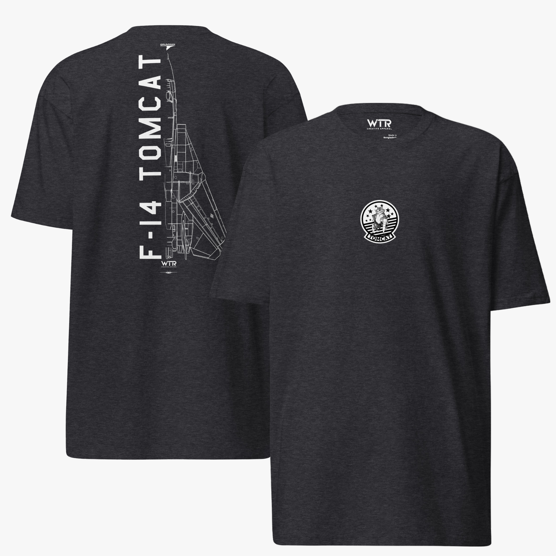 Hand-drawn technical schematic of the Grumman F-14 Tomcat US Navy carrier fighter on a premium t-shirt.