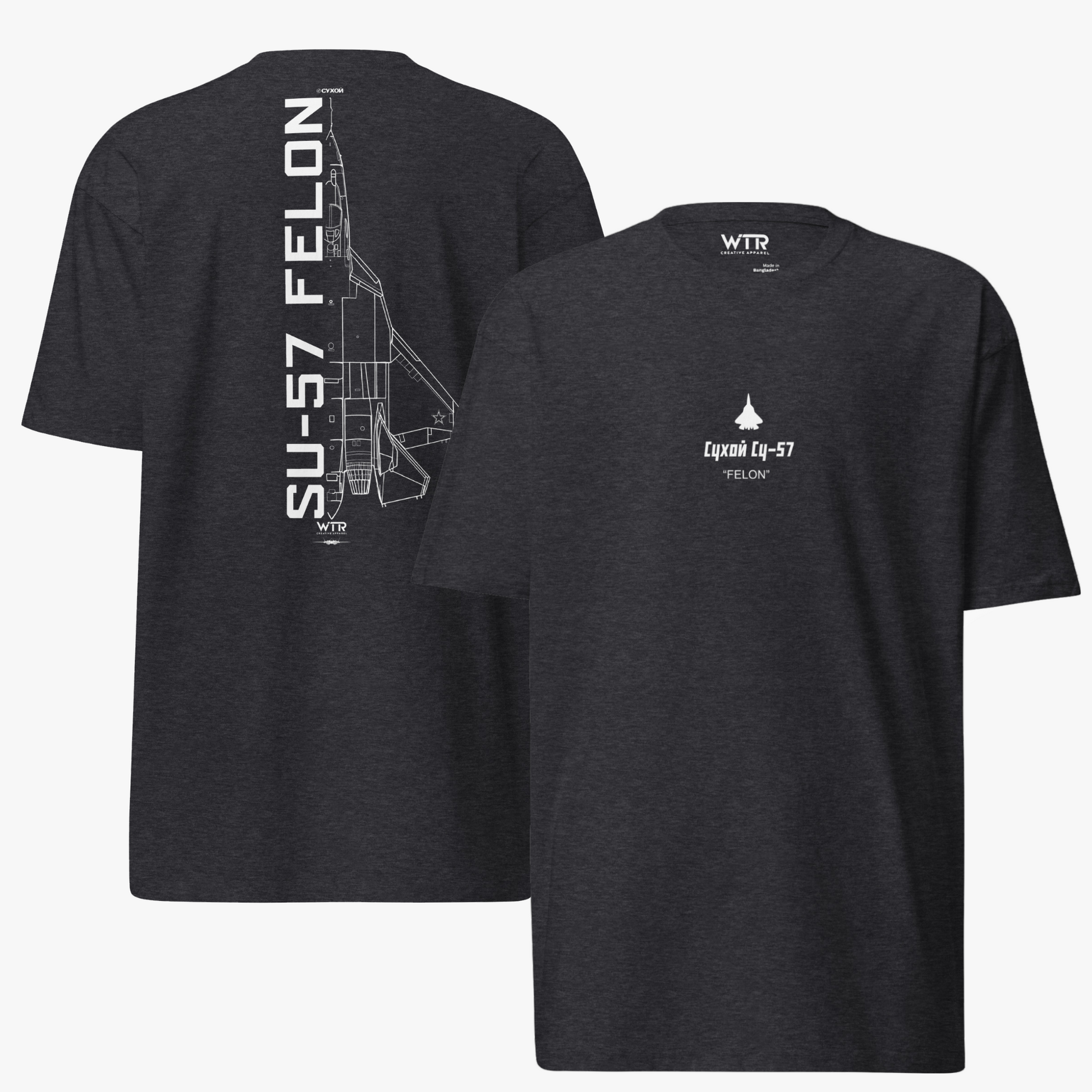 Hand-drawn technical schematic of the Sukhoi SU-57 Felon Russian 5th generation stealth fighter on a premium t-shirt.