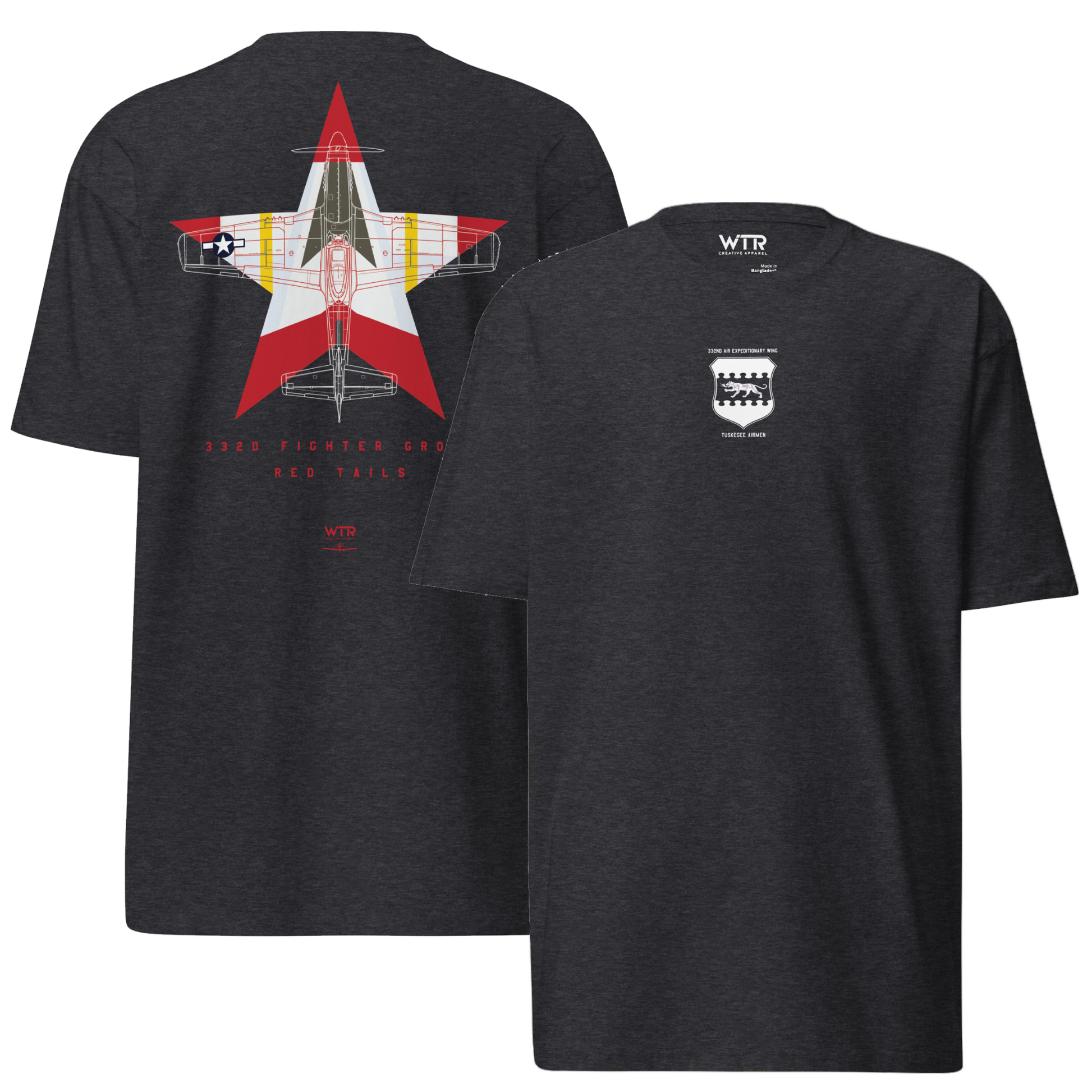 Hand-drawn schematic of the North American P-51D Mustang Red Tails 332nd Livery on a premium t-shirt.
