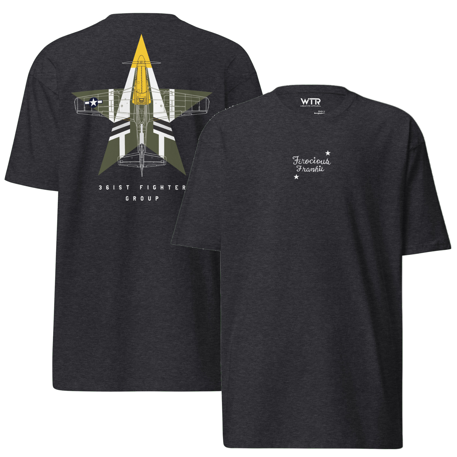 Hand-drawn schematic of the North American P-51D Mustang Ferocious Frankie livery on a premium t-shirt.