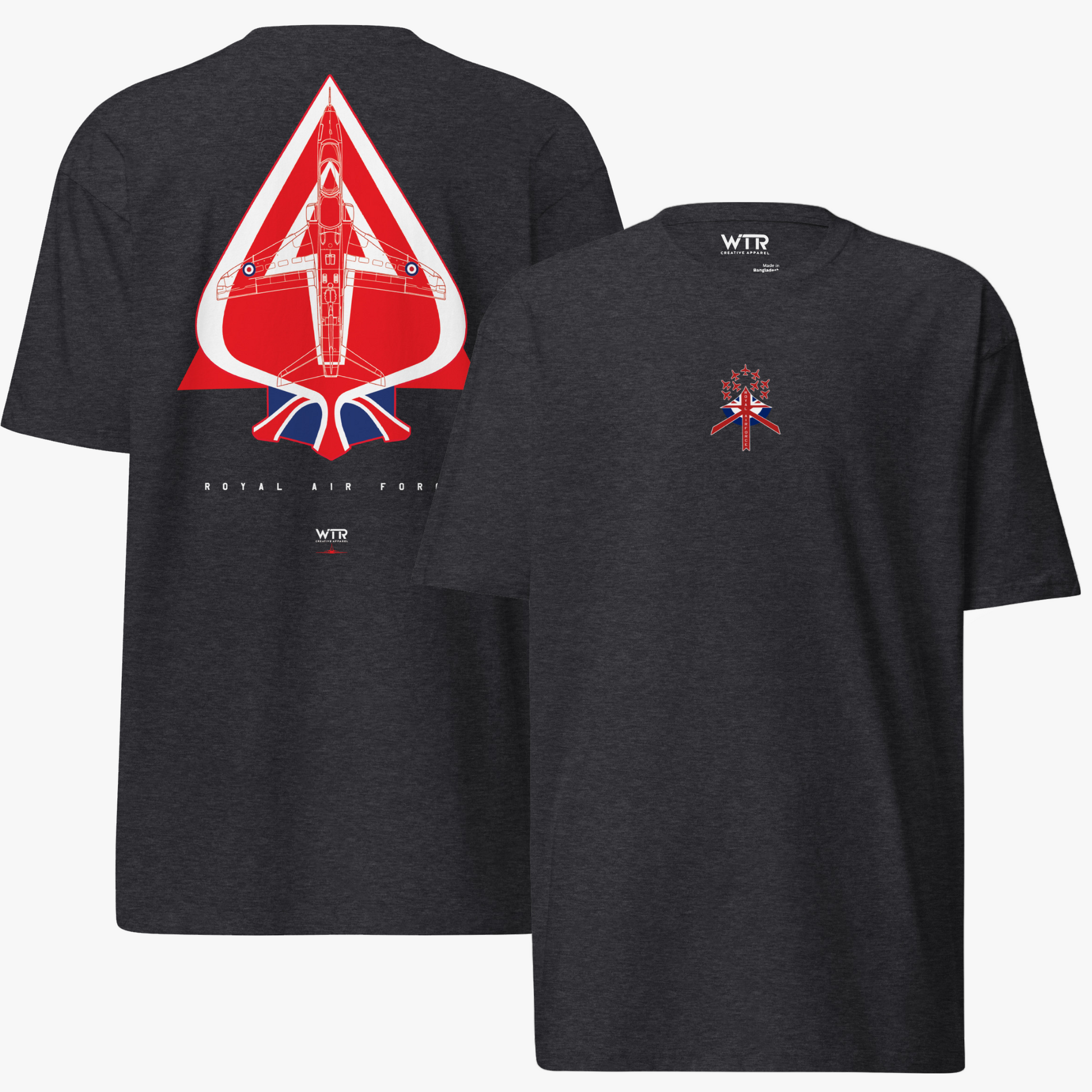 Hand-drawn schematic of the BAE Hawk T1 in Royal Air Force Red Arrows display team livery on a premium t-shirt.