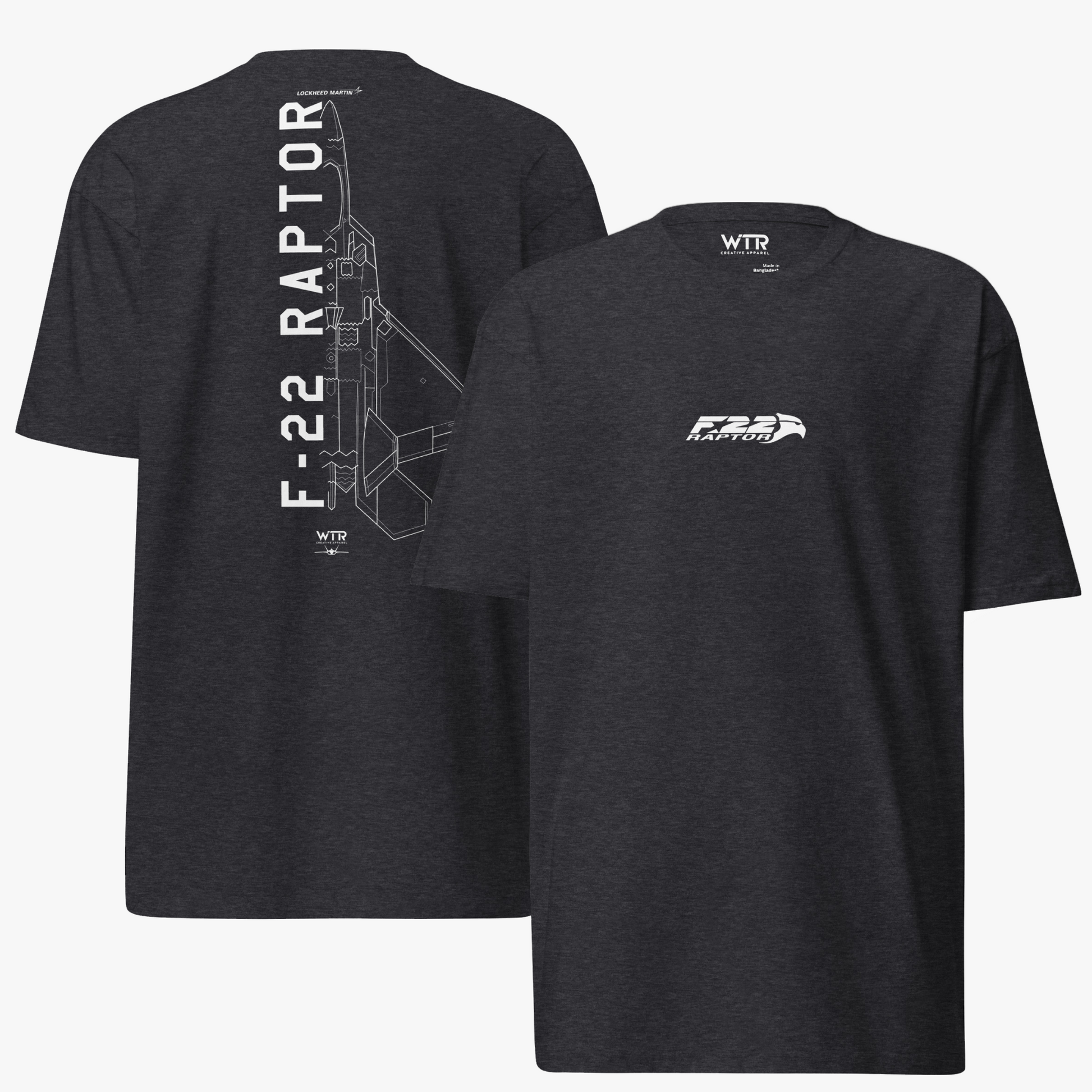 Hand-drawn technical schematic of the Lockheed Martin F-22 Raptor air superiority fighter on a premium t-shirt.