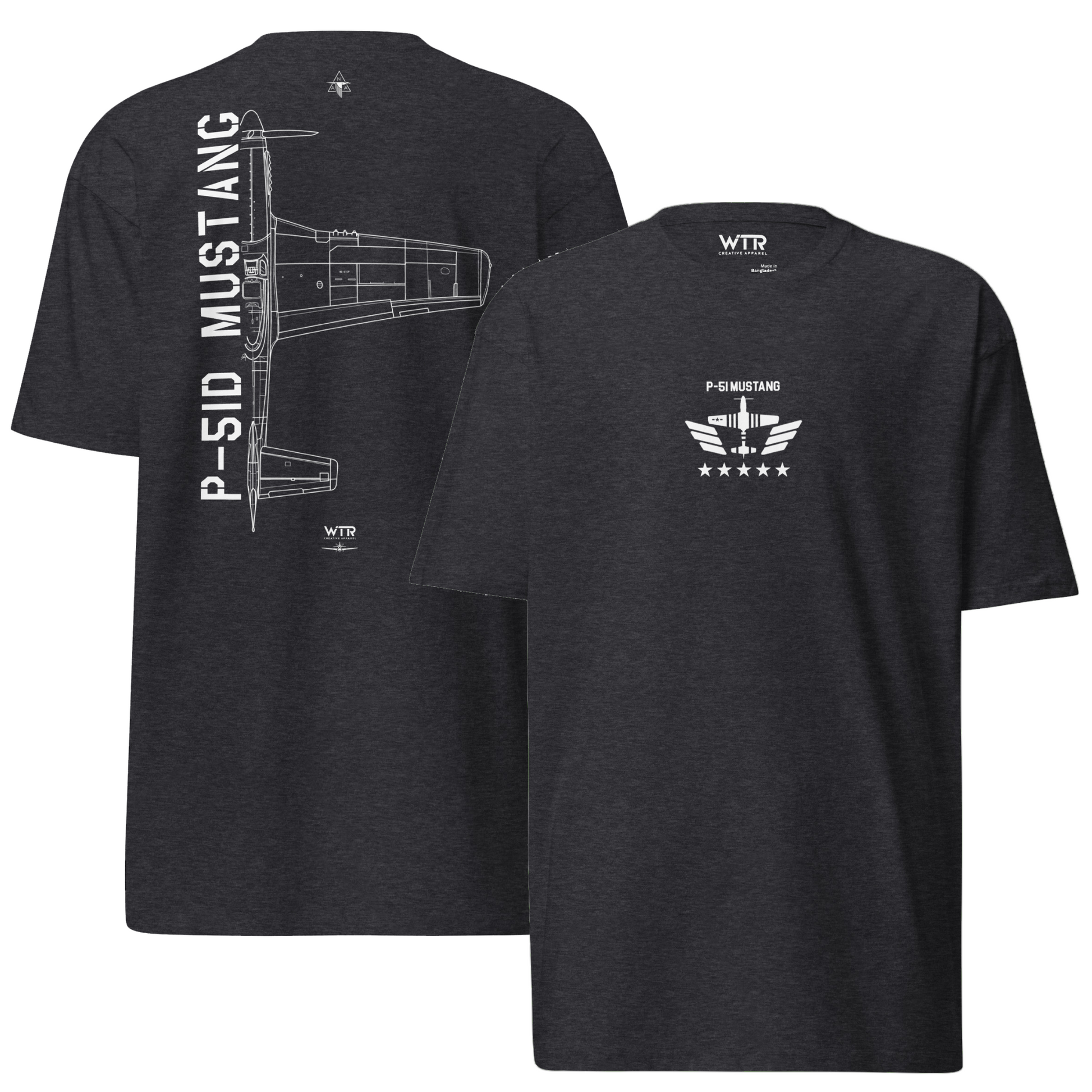 Hand-drawn technical schematic of the North American P-51D Mustang WWII fighter printed on a premium t-shirt.