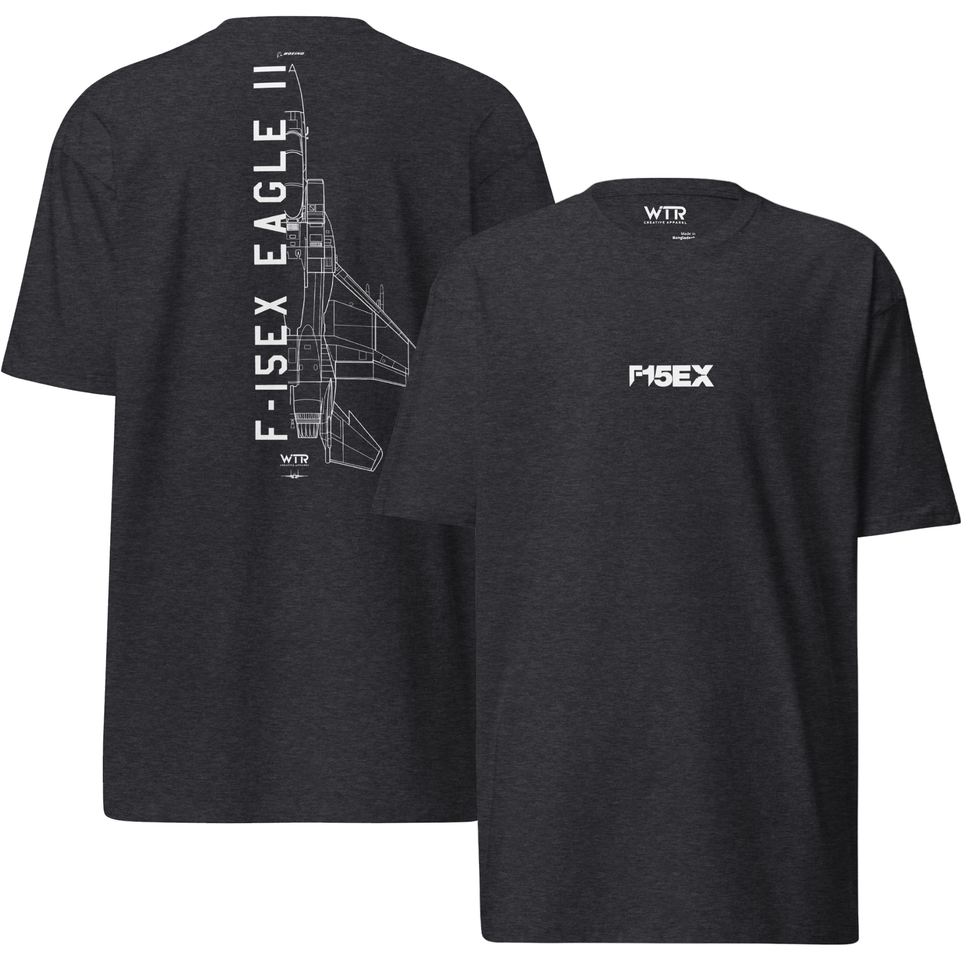 Hand-drawn technical schematic of the Boeing F-15EX Eagle II air superiority fighter on a premium t-shirt.