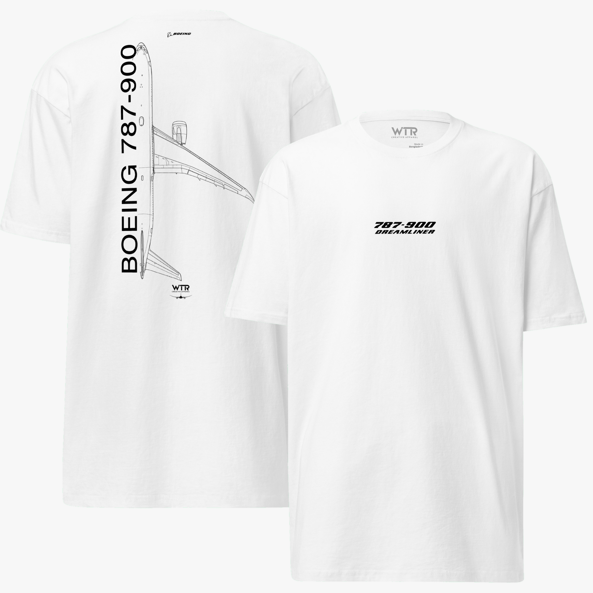 Hand-drawn technical schematic of the Boeing 787-9 Dreamliner passenger airliner printed on a premium t-shirt.