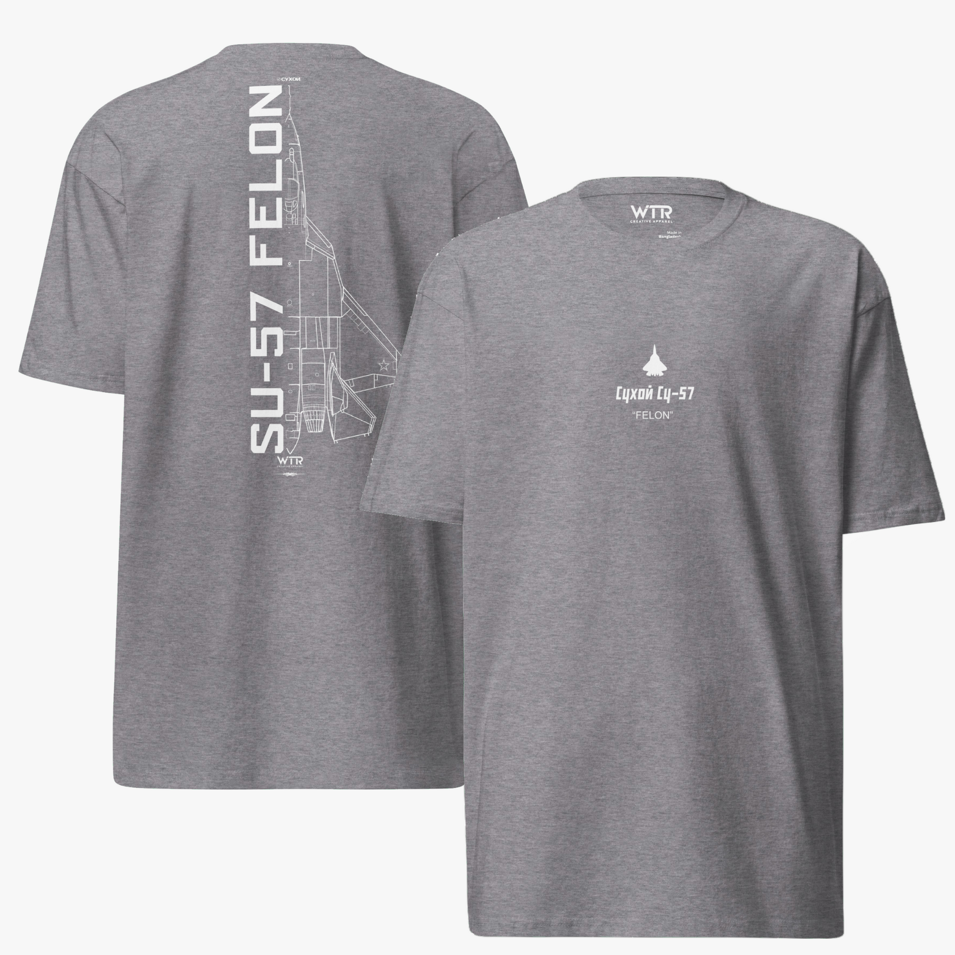 Hand-drawn technical schematic of the Sukhoi SU-57 Felon Russian 5th generation stealth fighter on a premium t-shirt.