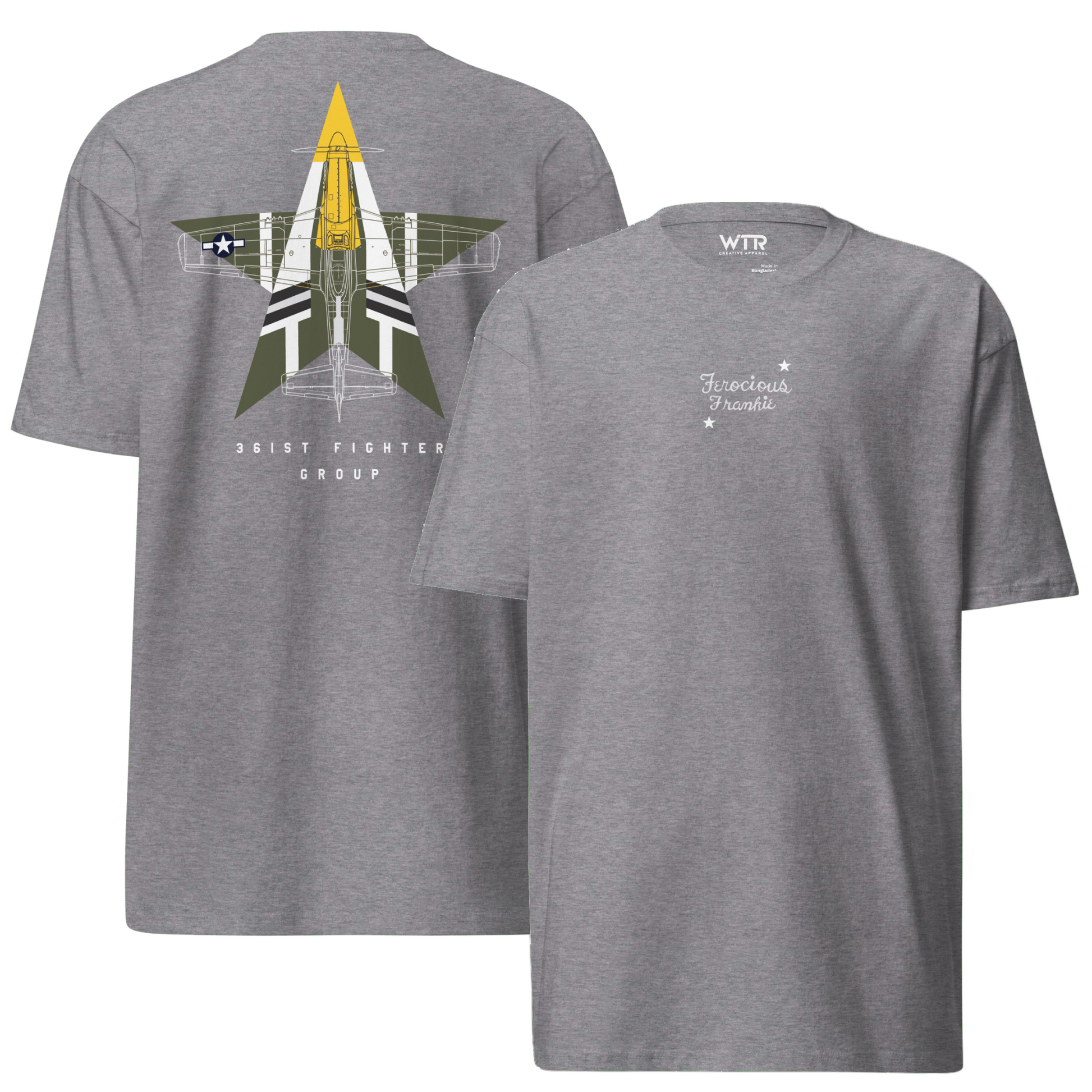 Hand-drawn schematic of the North American P-51D Mustang Ferocious Frankie livery on a premium t-shirt.