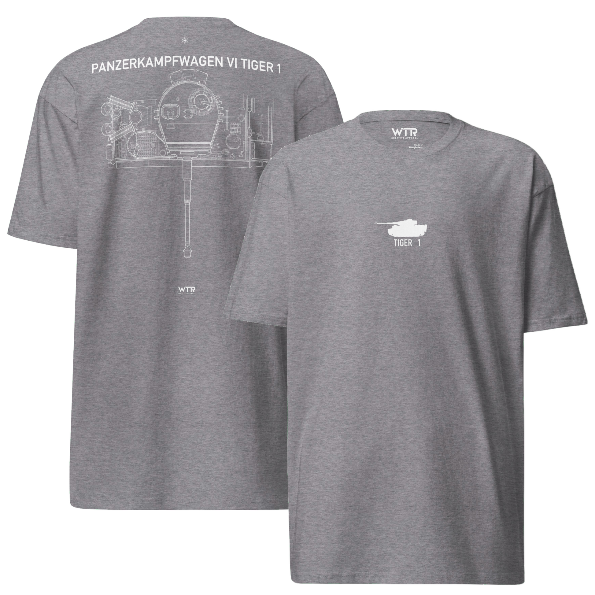 Hand-drawn technical schematic of the Tiger 1 Panzerkampfwagen VI German WWII tank on a premium t-shirt.