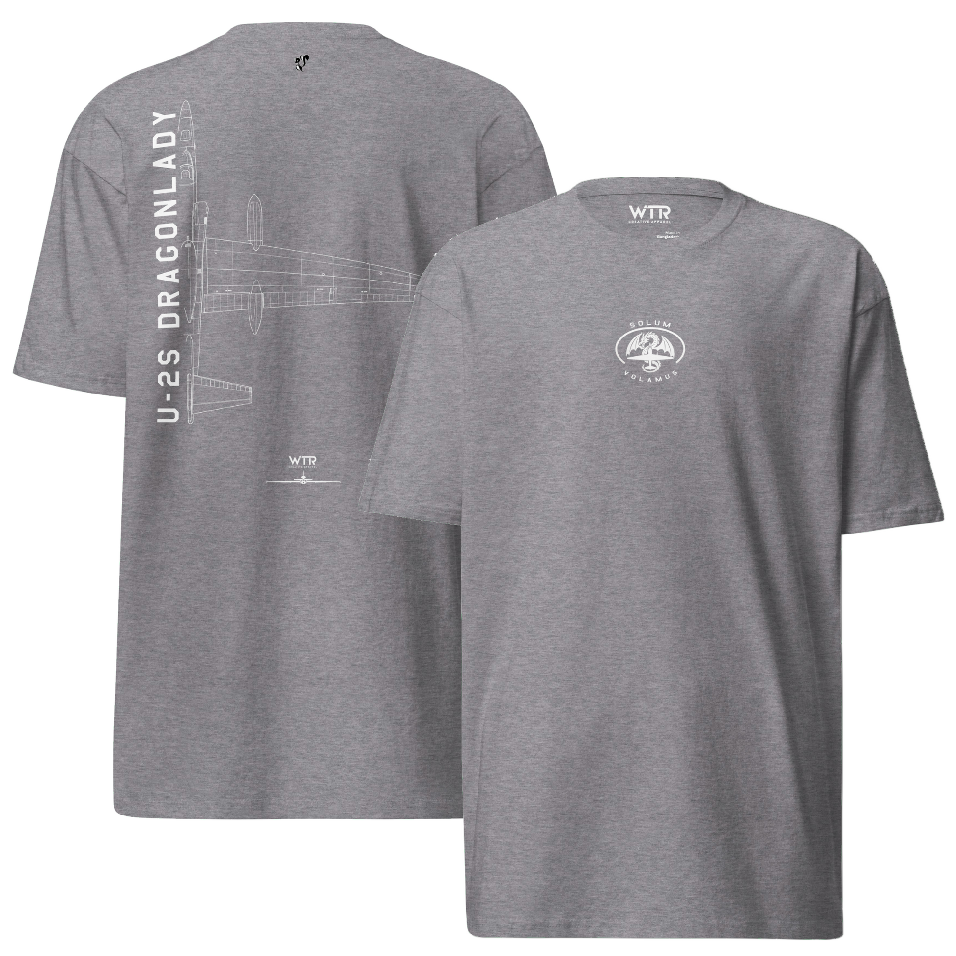 Hand-drawn technical schematic of the Lockheed U-2S Dragon Lady reconnaissance aircraft on a premium t-shirt.