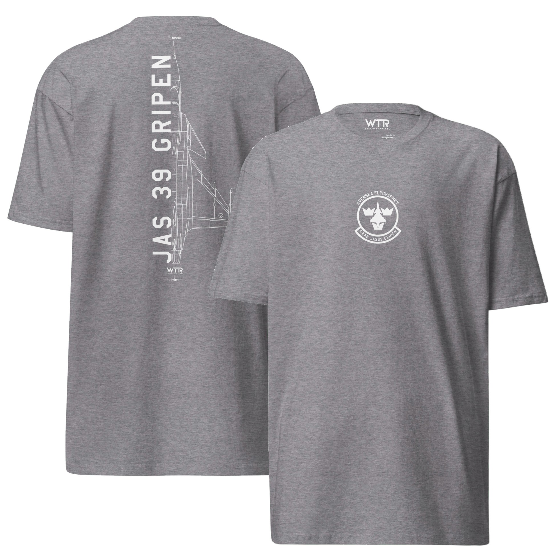 Hand-drawn technical schematic of the Saab JAS 39 Gripen multi-role fighter printed on a premium t-shirt.