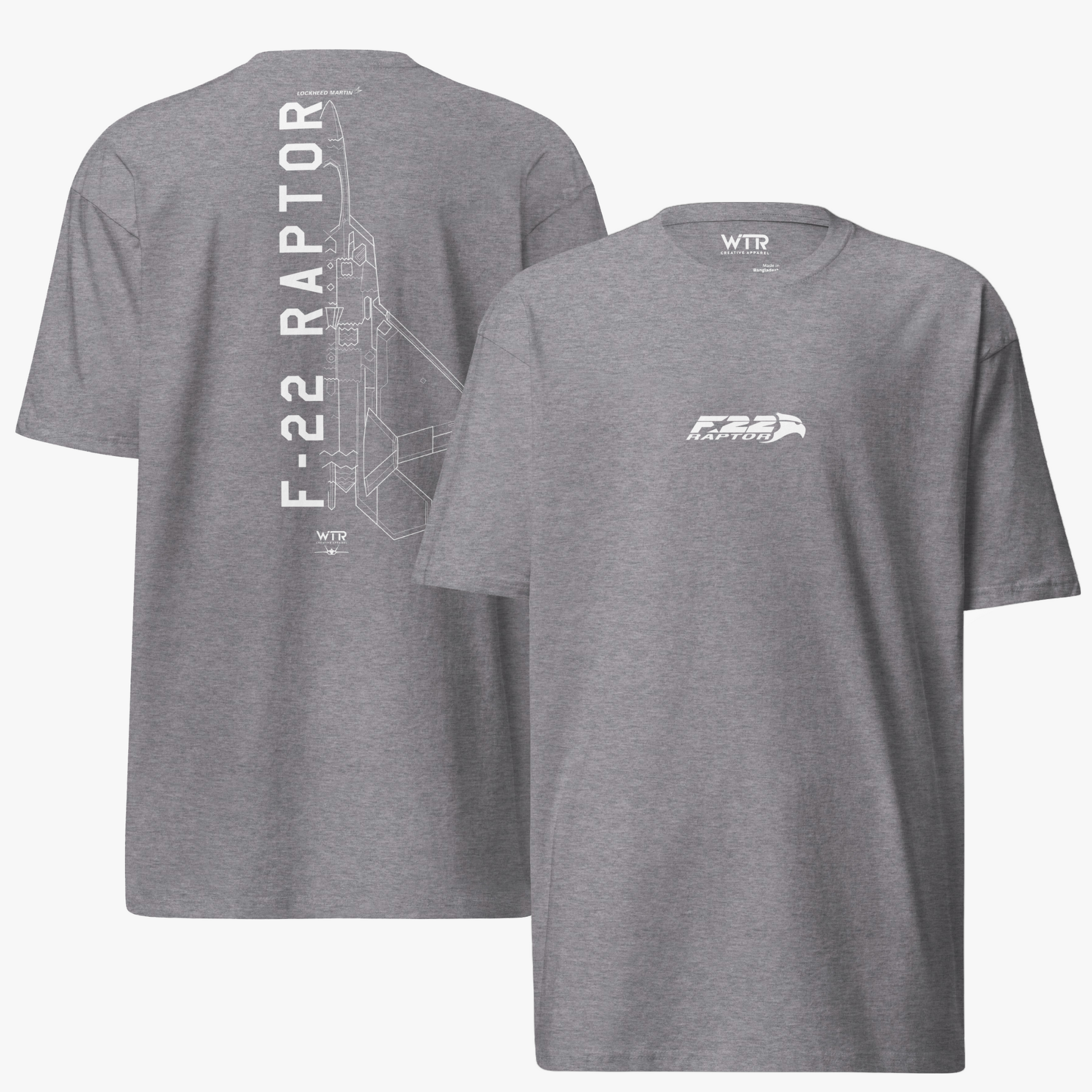 Hand-drawn technical schematic of the Lockheed Martin F-22 Raptor air superiority fighter on a premium t-shirt.