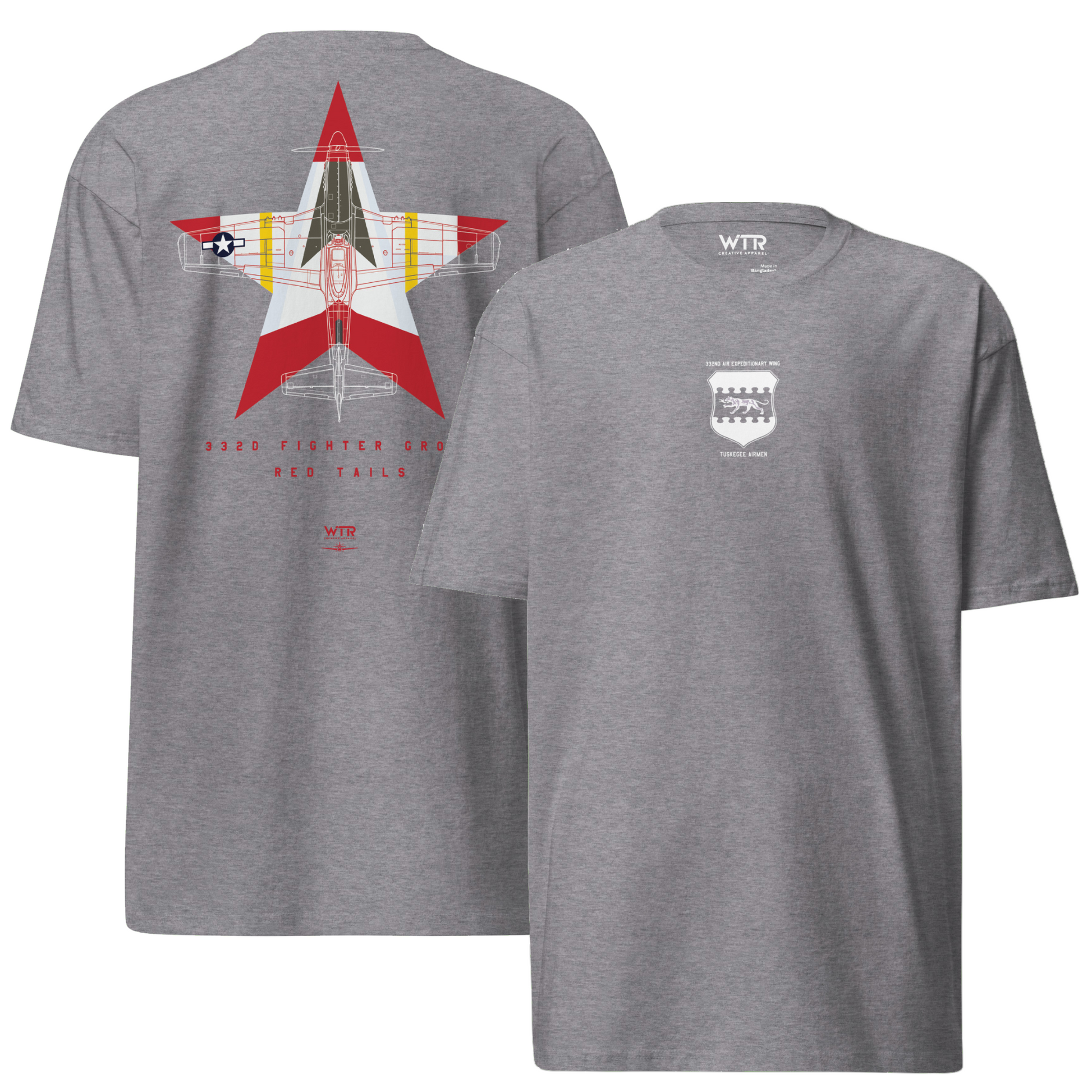 Hand-drawn schematic of the North American P-51D Mustang Red Tails 332nd Livery on a premium t-shirt.