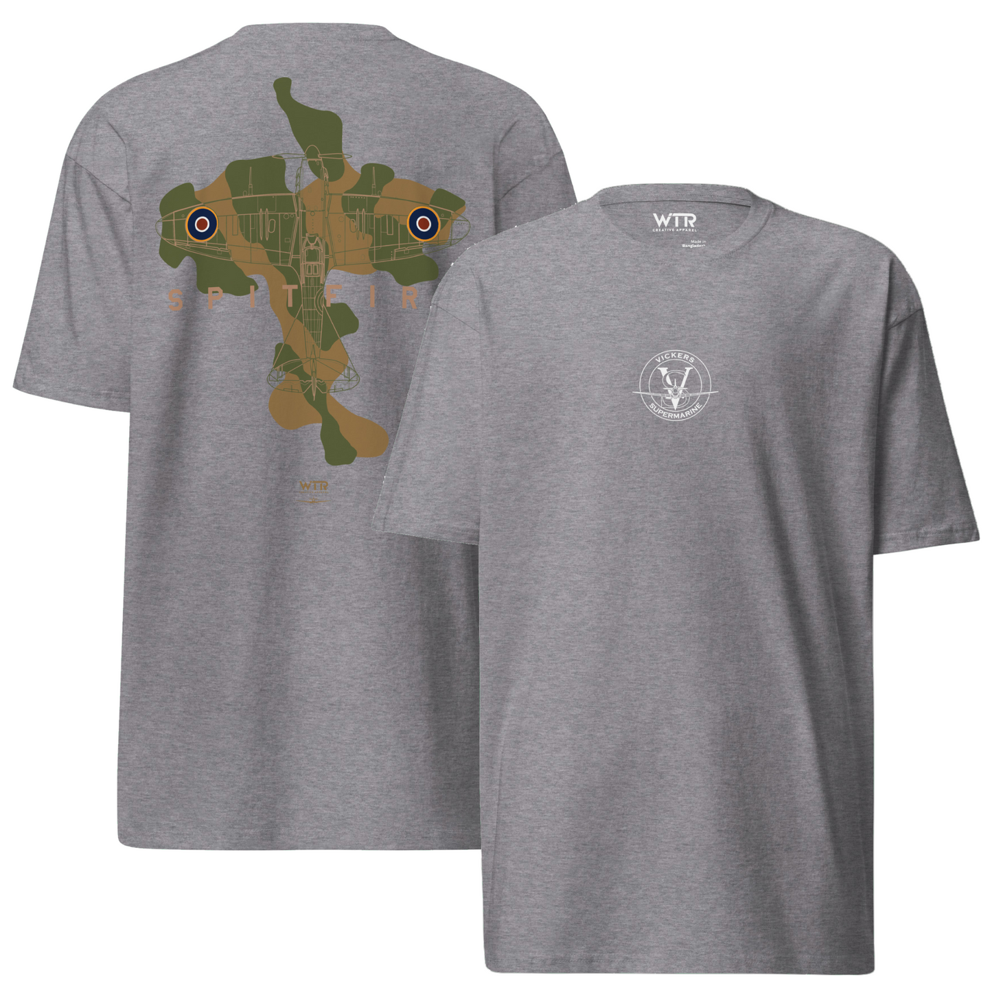 SUPERMARINE SPITFIRE Mk I - CAMOUFLAGE STUDY — hand-drawn WWII FIGHTER artwork printed on HEAVYWEIGHT T‑SHIRT; camouflage study.
