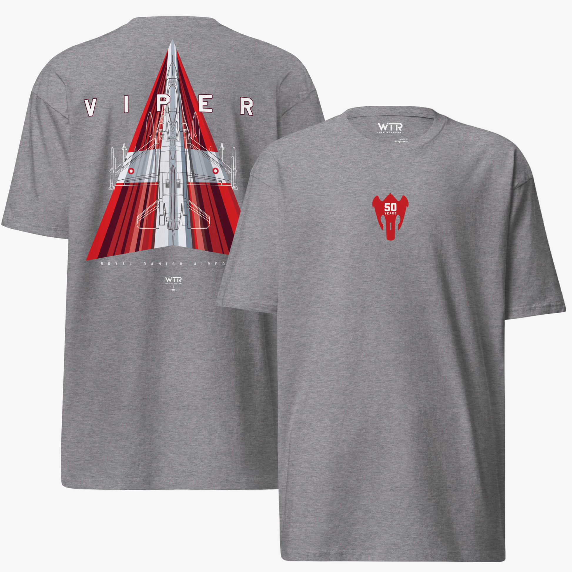 Hand-drawn schematic of the Royal Danish Air Force F-16 50th Anniversary solo display livery on a premium t-shirt.