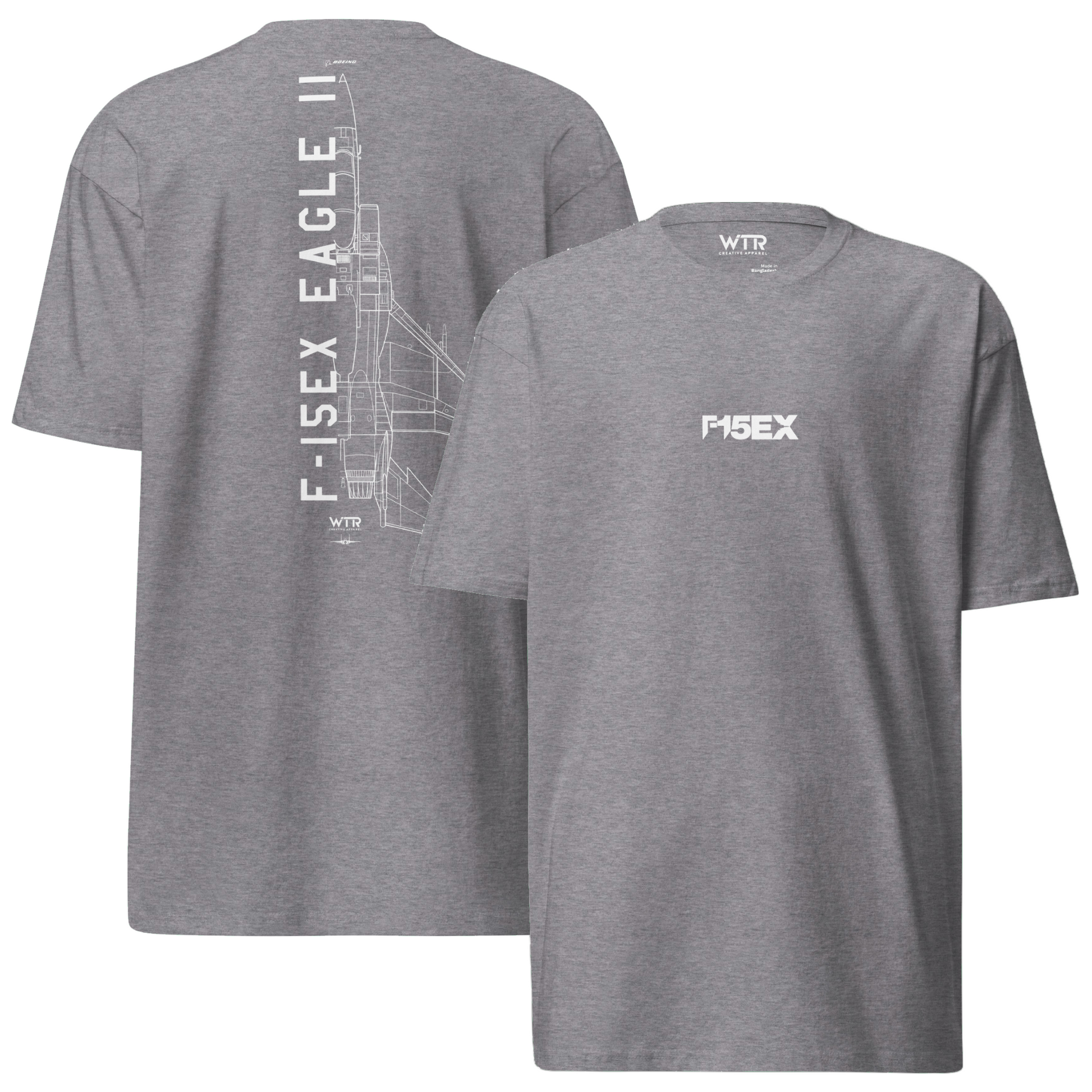 Hand-drawn technical schematic of the Boeing F-15EX Eagle II air superiority fighter on a premium t-shirt.
