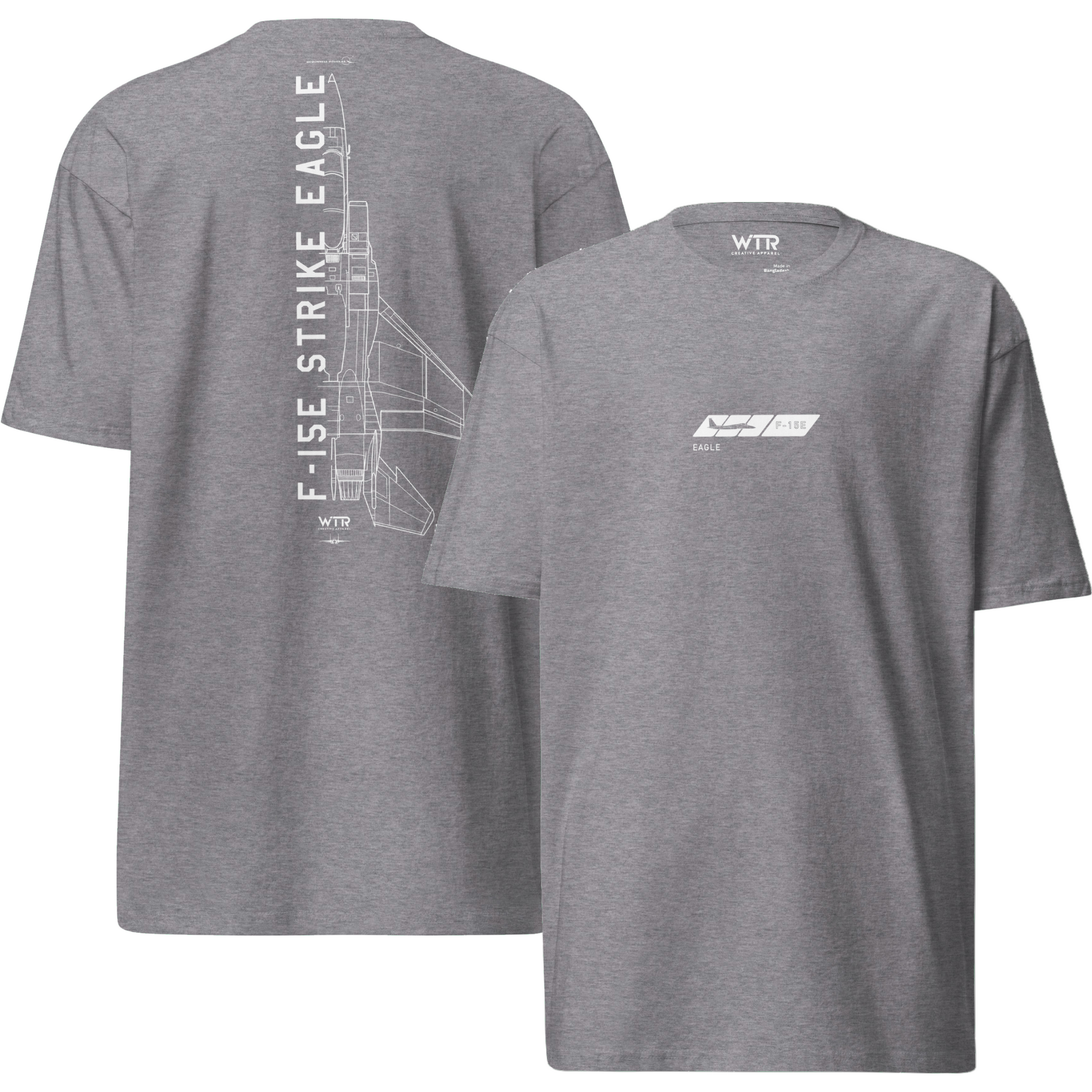 Hand-drawn technical schematic of the McDonnell Douglas F-15E Strike Eagle multi-role jet on a premium t-shirt.