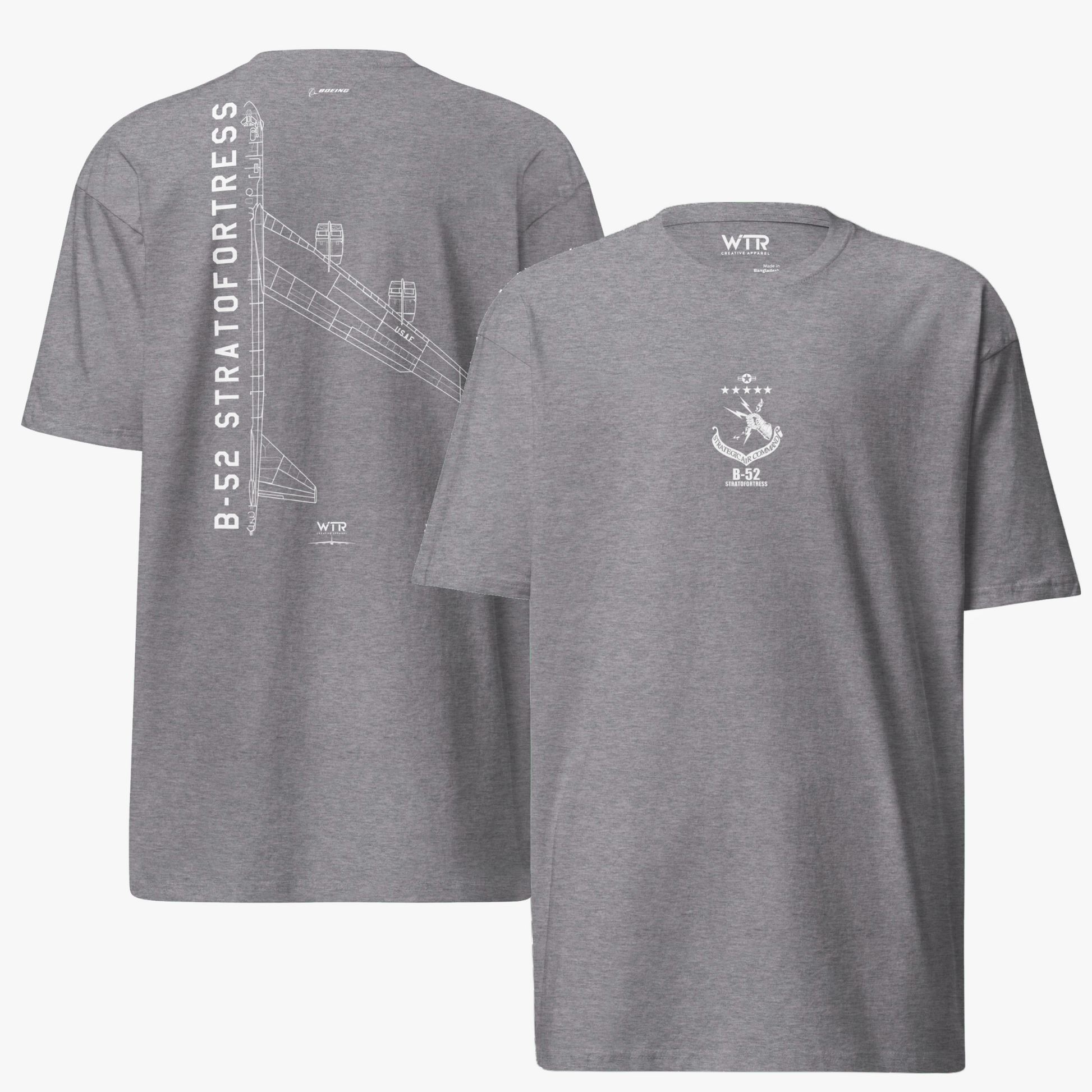 Hand-drawn technical schematic of the Boeing B-52 Stratofortress strategic bomber printed on a premium t-shirt.