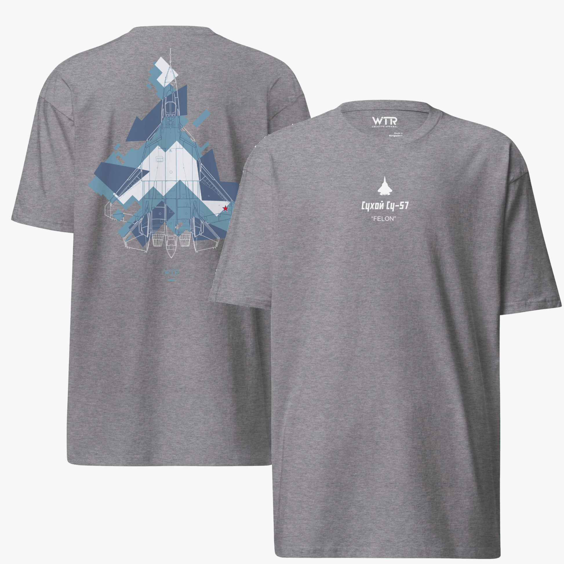 Hand-drawn technical splinter camouflage study of the Sukhoi SU-57 Felon stealth fighter on a premium t-shirt.