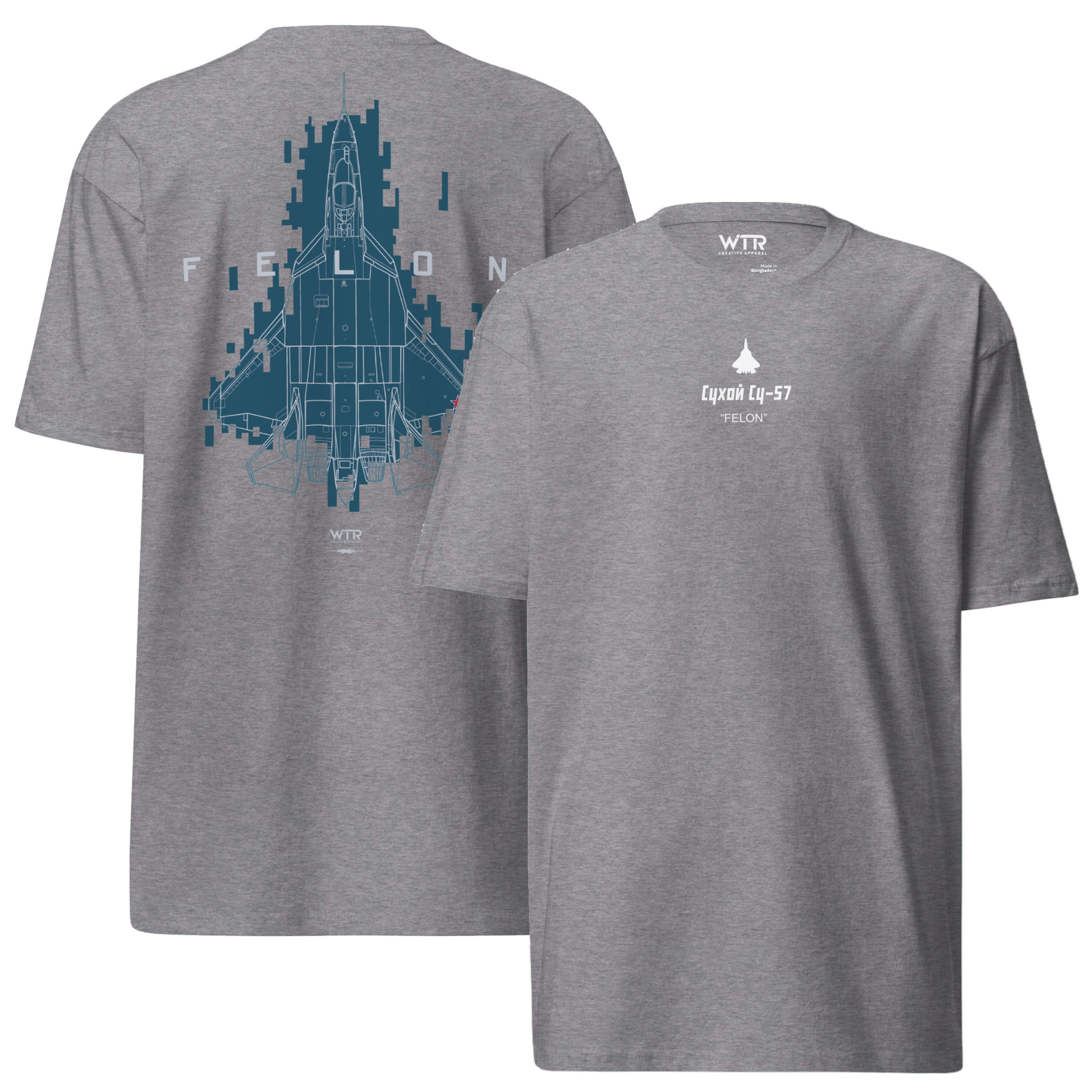 Hand-drawn technical Digital Pixel 1 camouflage study of the Sukhoi SU-57 Felon stealth fighter on a premium t-shirt.