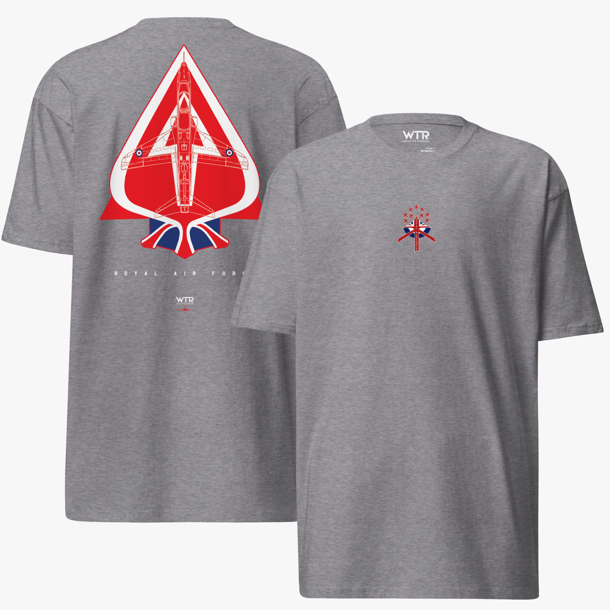 Hand-drawn schematic of the BAE Hawk T1 in Royal Air Force Red Arrows display team livery on a premium t-shirt.
