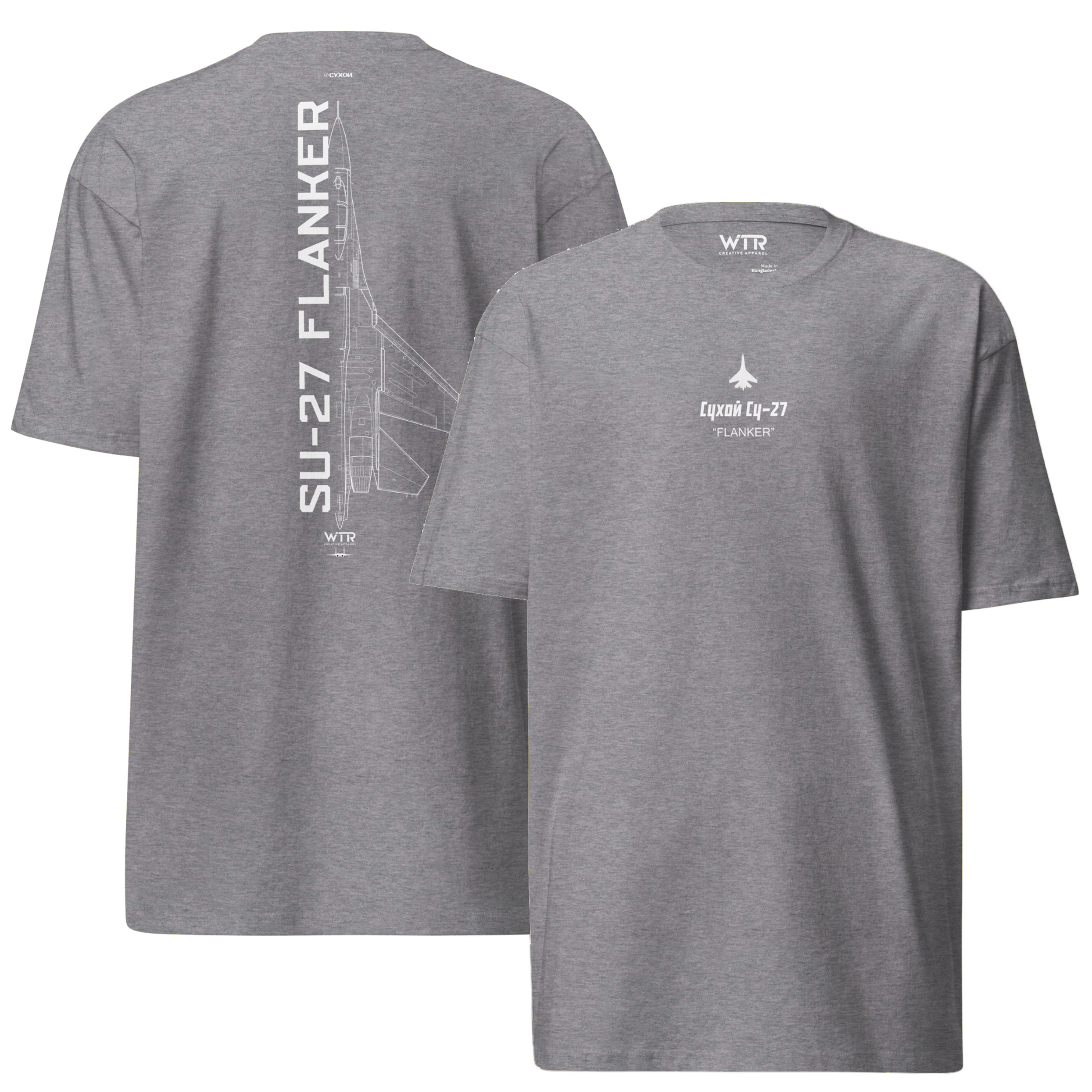 Hand-drawn technical schematic of the Sukhoi SU-27 Flanker supermaneuverable fighter on a premium t-shirt.