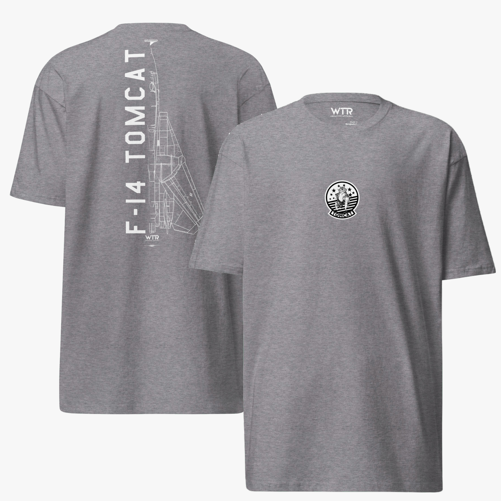 Hand-drawn technical schematic of the Grumman F-14 Tomcat US Navy carrier fighter on a premium t-shirt.