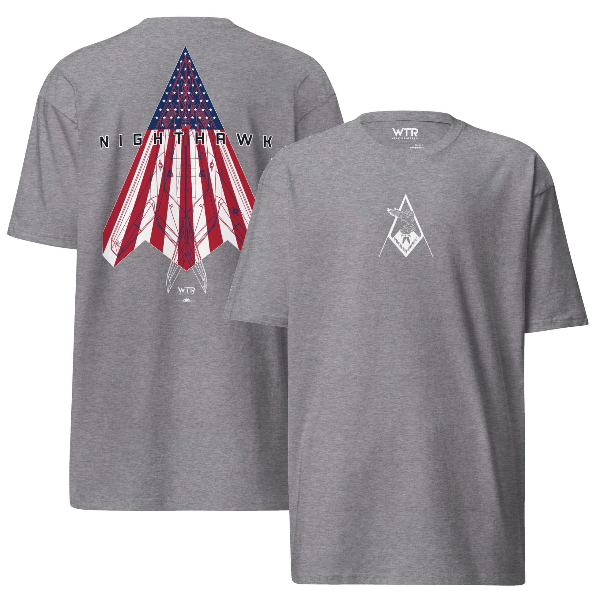 Hand-drawn schematic of the F-117 Nighthawk Last Flight Murica flag livery printed on a premium t-shirt.