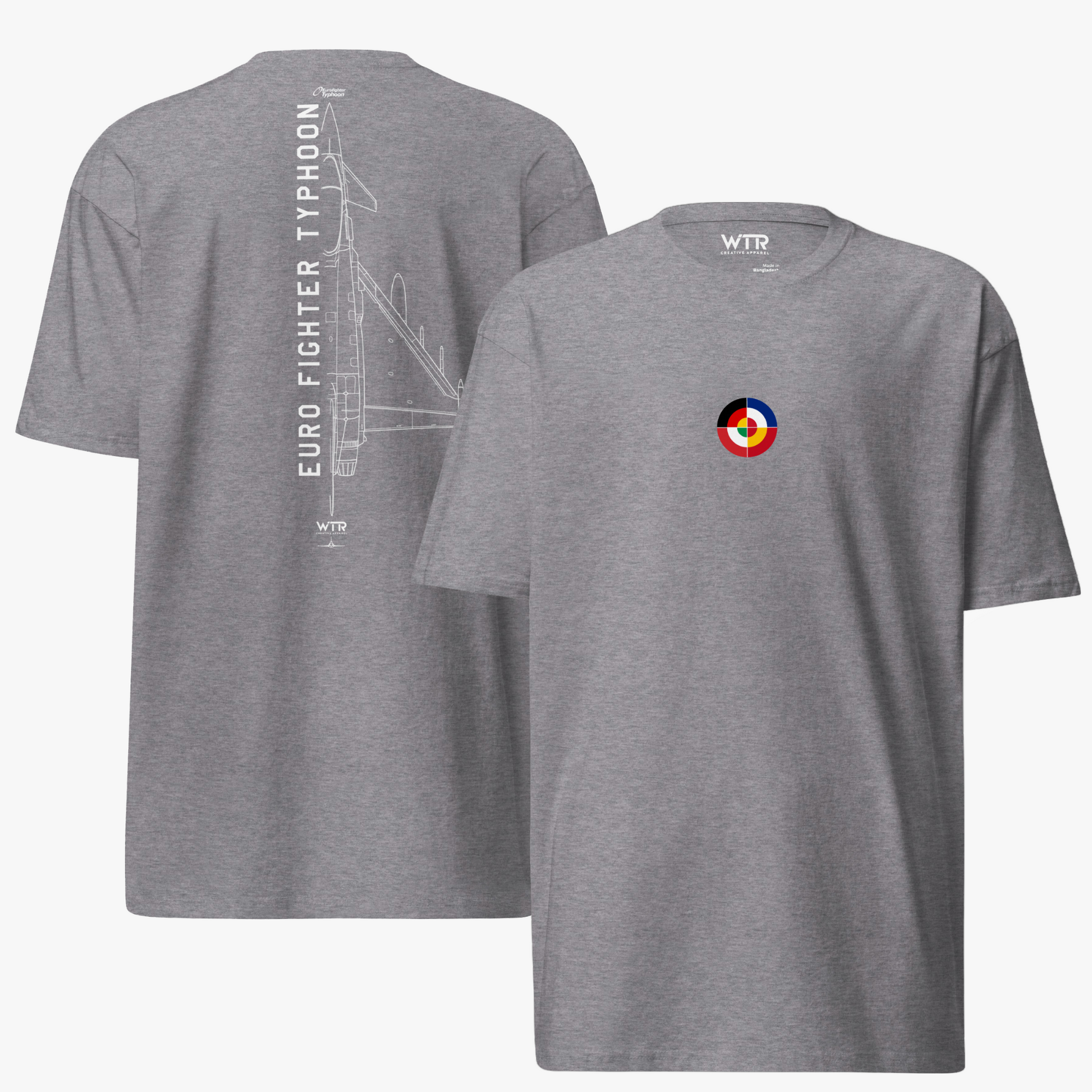 Hand-drawn technical schematic of the Eurofighter Typhoon EF2000 multi-role fighter on a premium t-shirt.