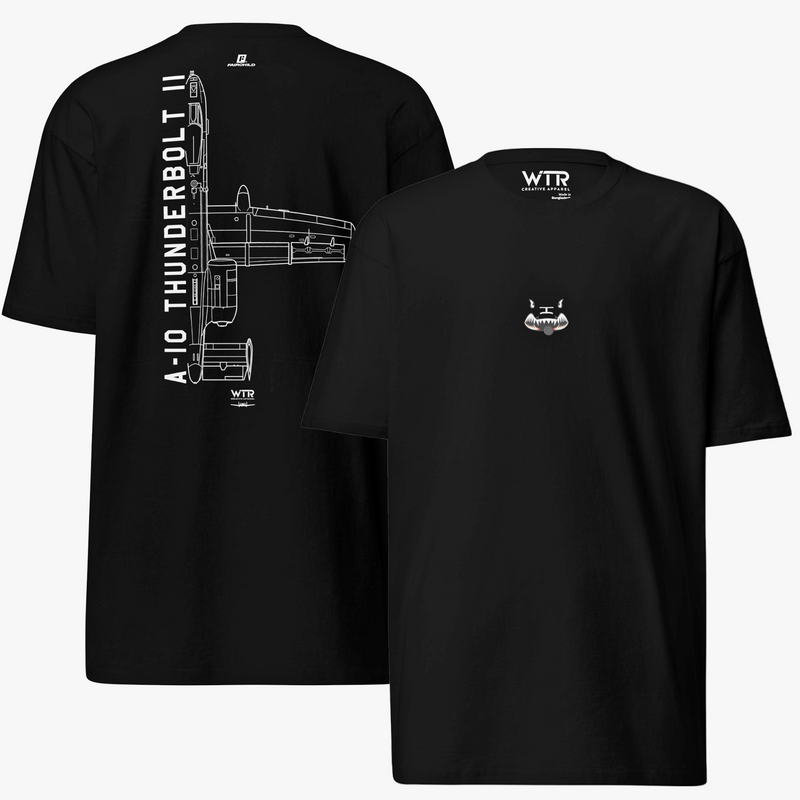 FAIRCHILD REPUBLIC A-10C THUNDERBOLT II — hand-drawn ATTACK AIRCRAFT artwork printed on heavyweight T-shirt.