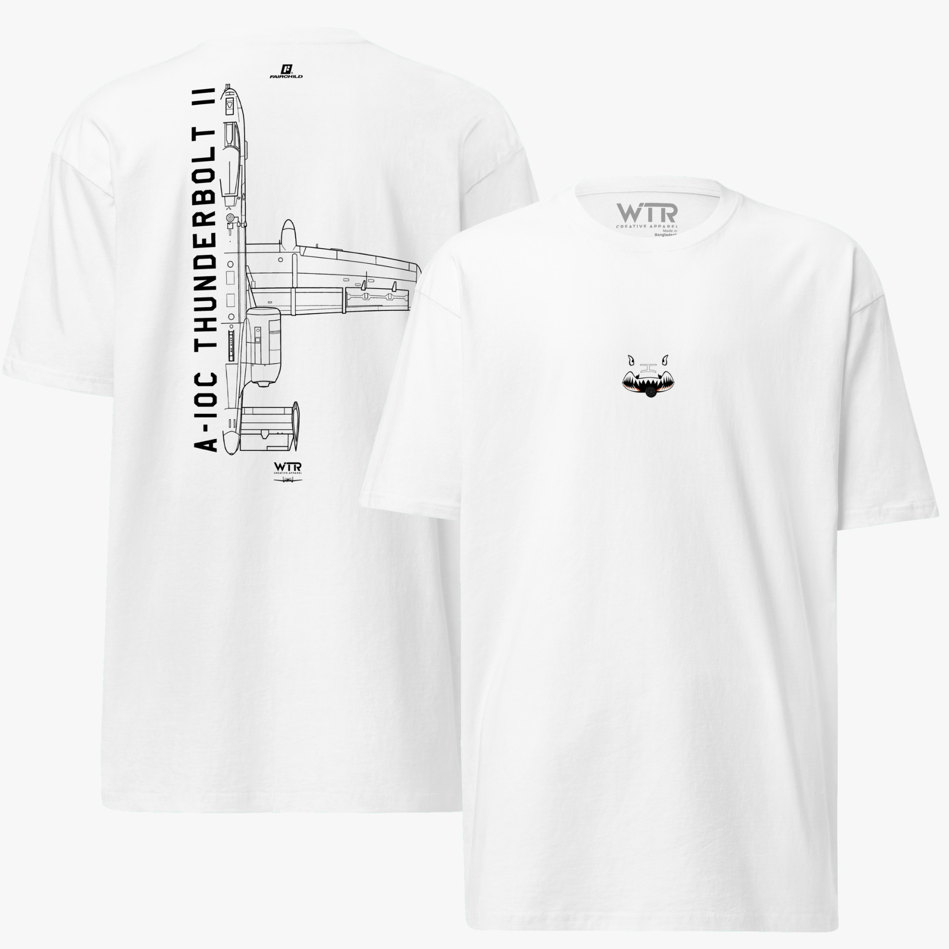 Hand-drawn technical schematic of the Fairchild Republic A-10C Thunderbolt II attack jet on a premium t-shirt.