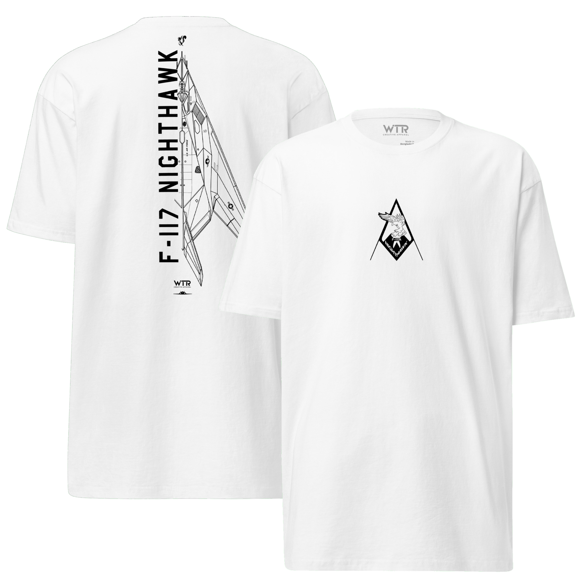 Hand-drawn technical schematic of the Lockheed Martin Skunk Works F-117 Nighthawk on a premium t-shirt.