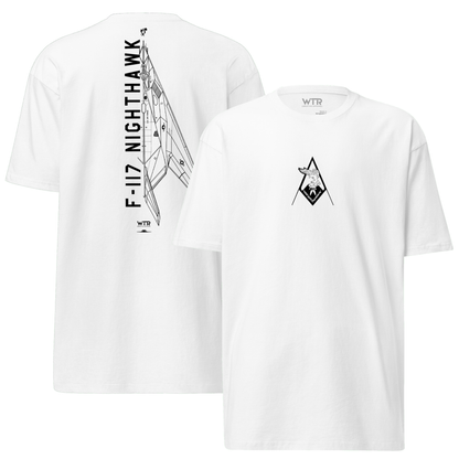 LOCKHEED MARTIN SKUNK WORKS F-117 NIGHTHAWK — hand-drawn ATTACK AIRCRAFT artwork printed on heavyweight T-shirt.