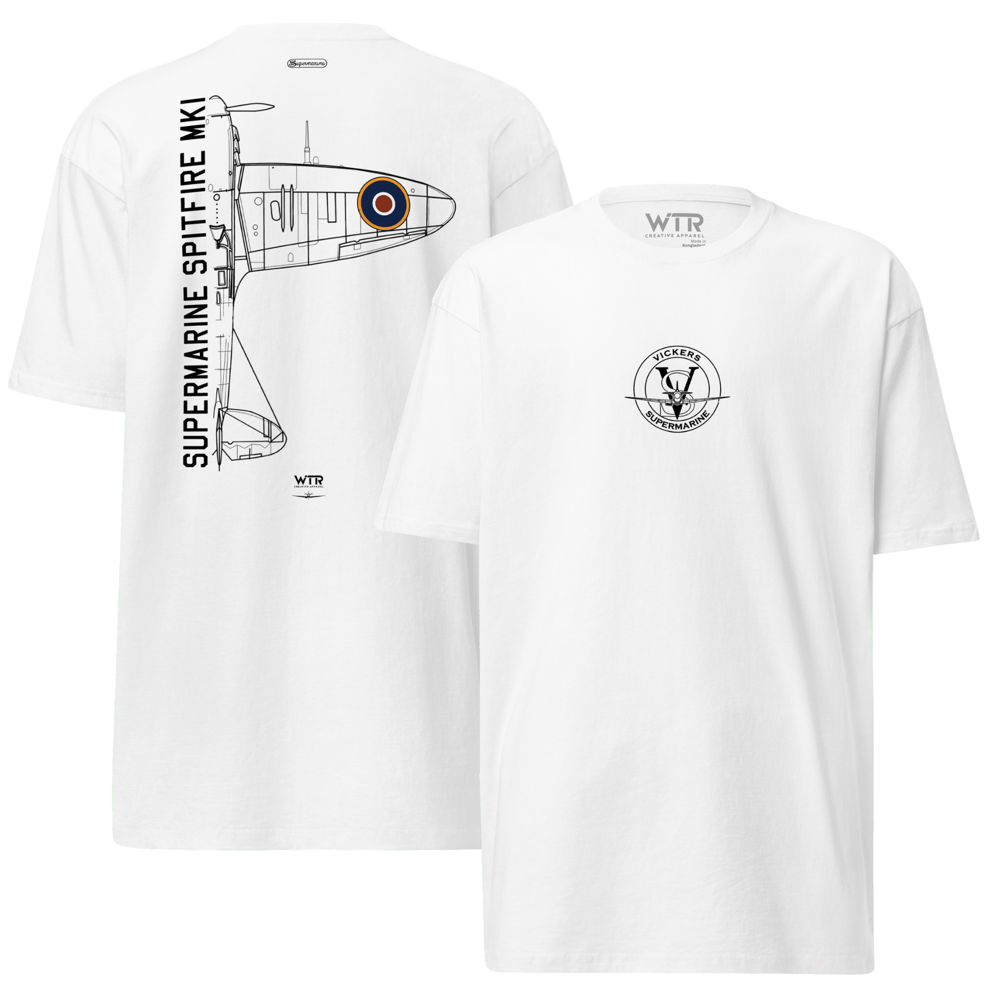 Hand-drawn technical schematic of the Supermarine Spitfire MK1 RAF WWII dogfighter printed on a premium t-shirt.