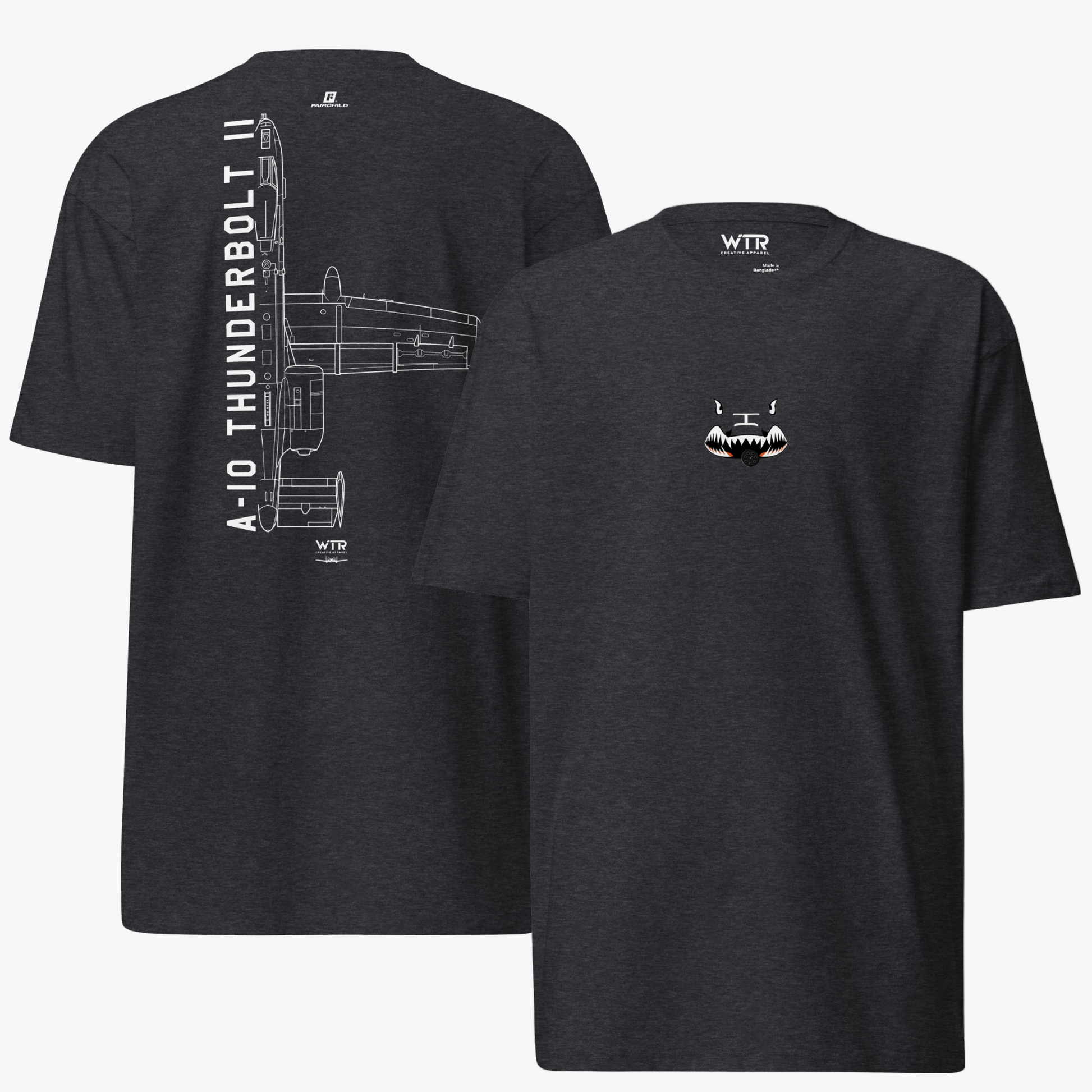 Hand-drawn technical schematic of the Fairchild Republic A-10C Thunderbolt II attack jet on a premium t-shirt.