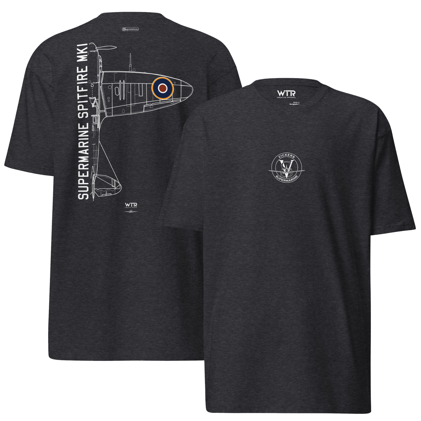 Hand-drawn schematic of the SUPERMARINE SPITFIRE MK1 printed on a heavyweight T-shirt.