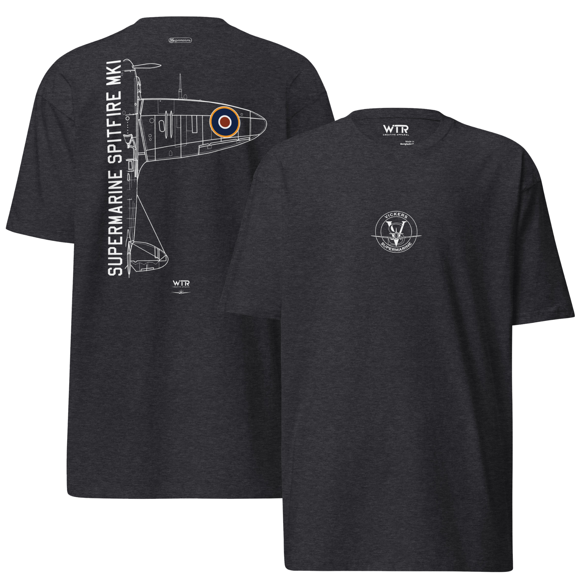 Hand-drawn technical schematic of the Supermarine Spitfire MK1 RAF WWII dogfighter printed on a premium t-shirt.