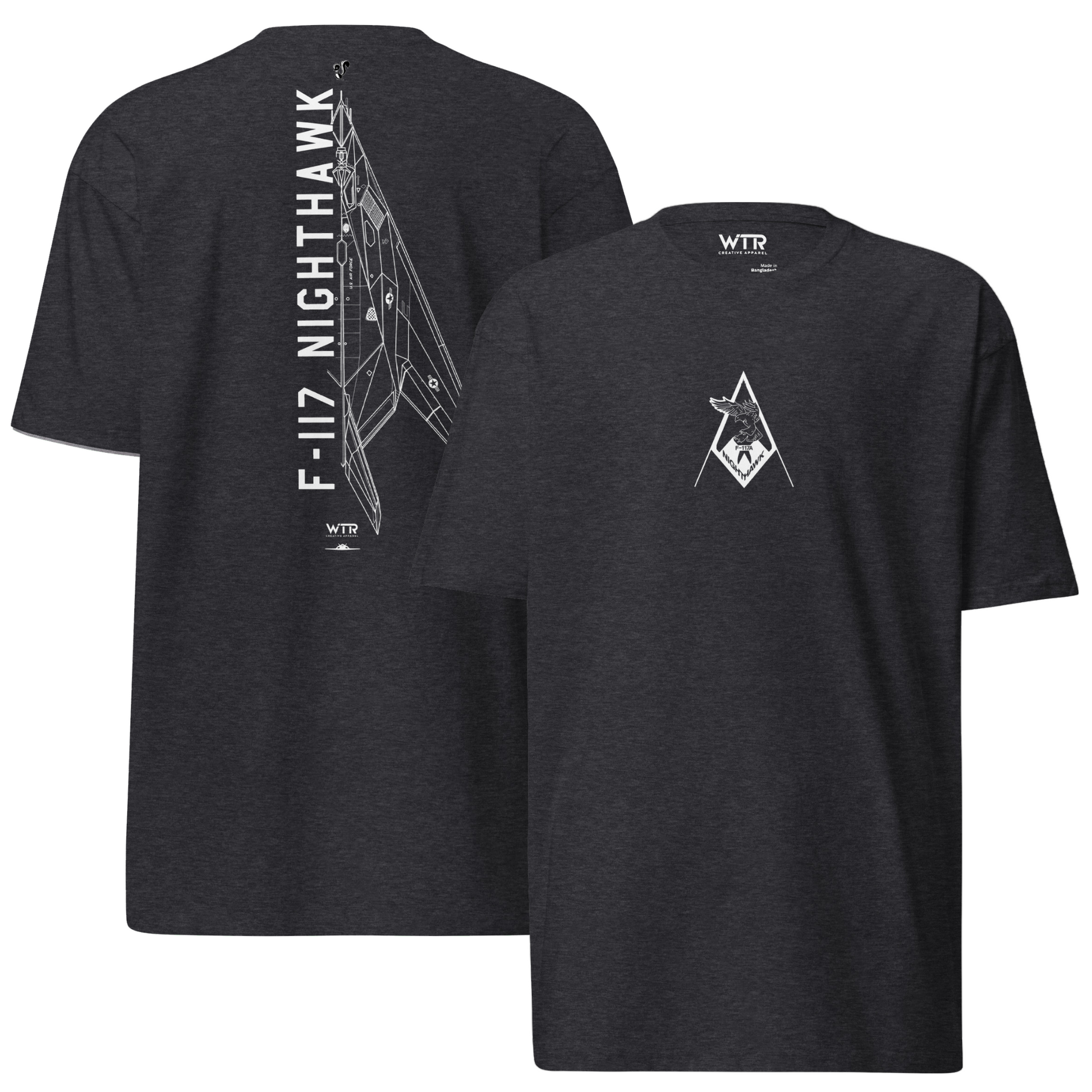 Hand-drawn technical schematic of the Lockheed Martin Skunk Works F-117 Nighthawk on a premium t-shirt.