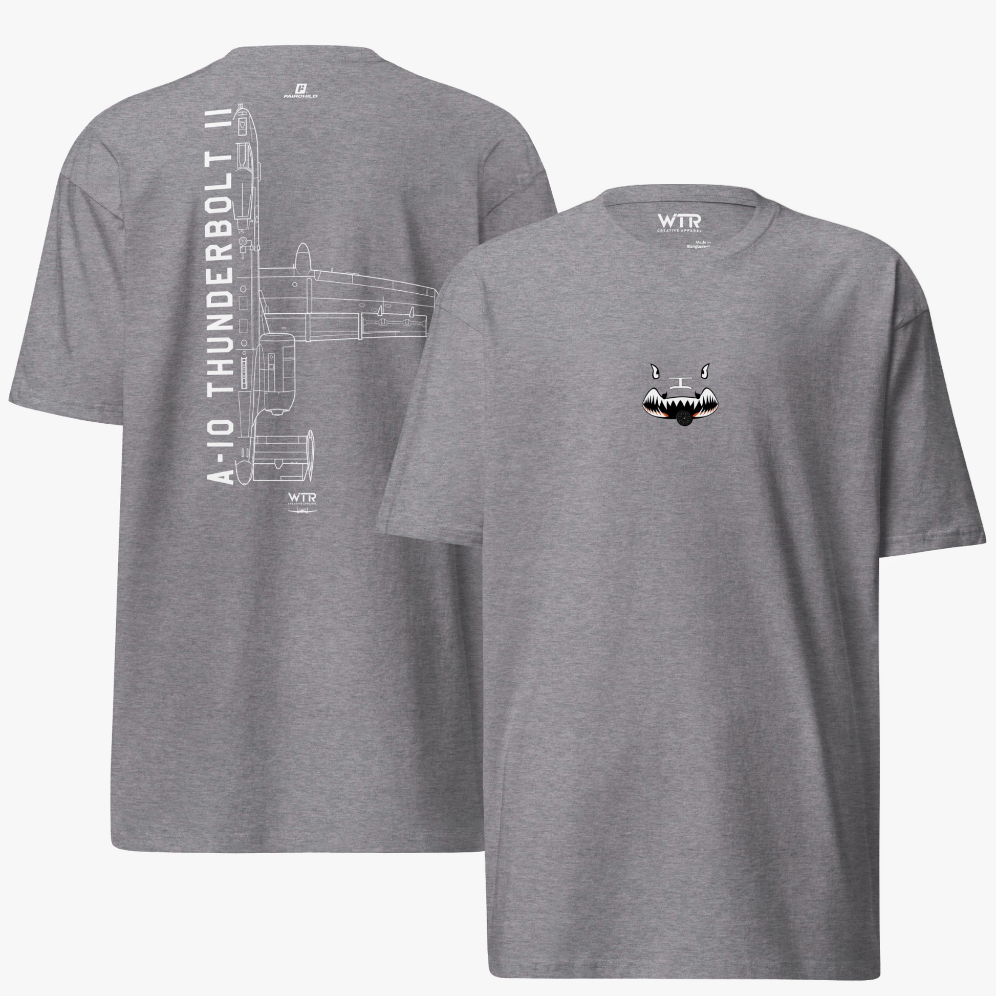 Hand-drawn technical schematic of the Fairchild Republic A-10C Thunderbolt II attack jet on a premium t-shirt.