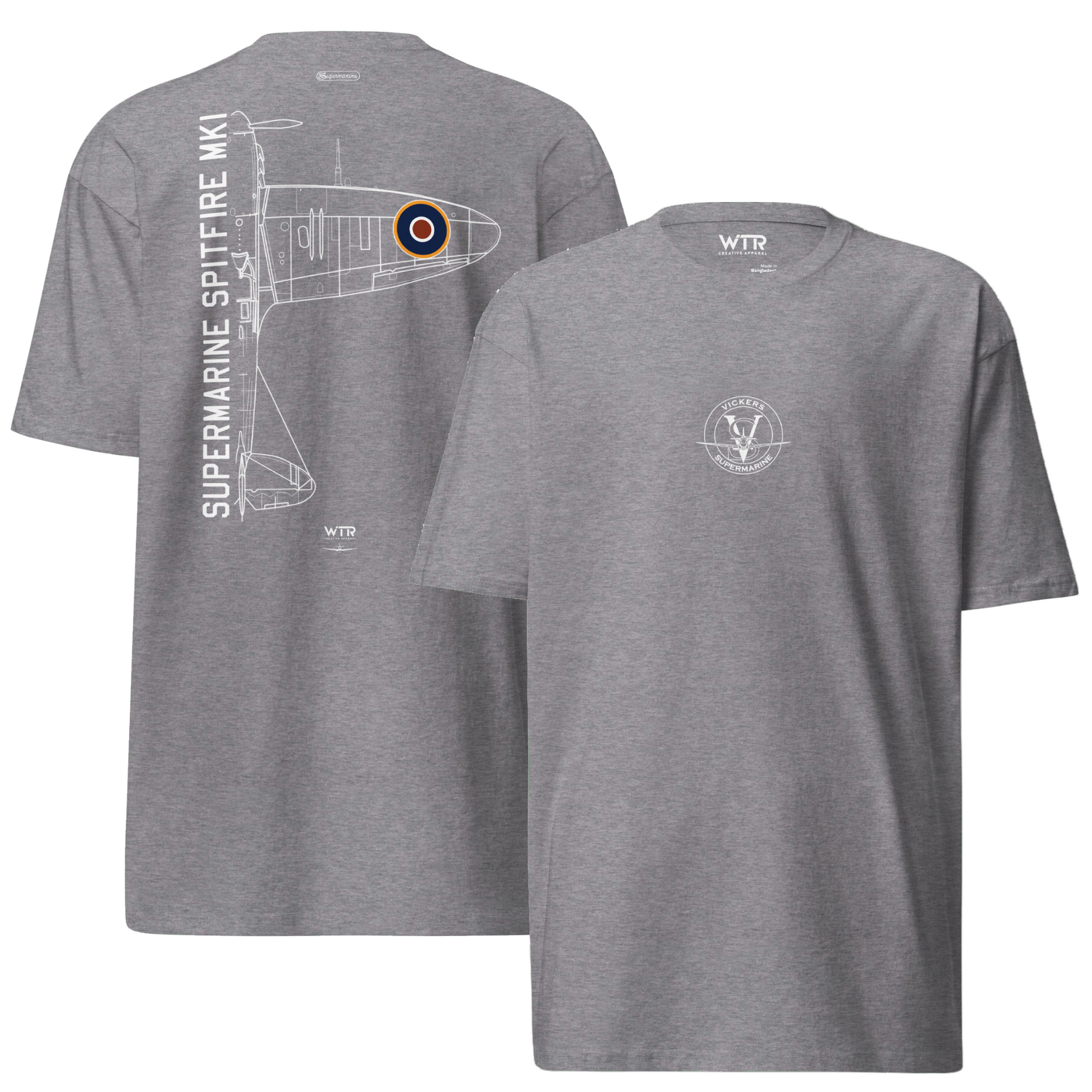 Hand-drawn technical schematic of the Supermarine Spitfire MK1 RAF WWII dogfighter printed on a premium t-shirt.