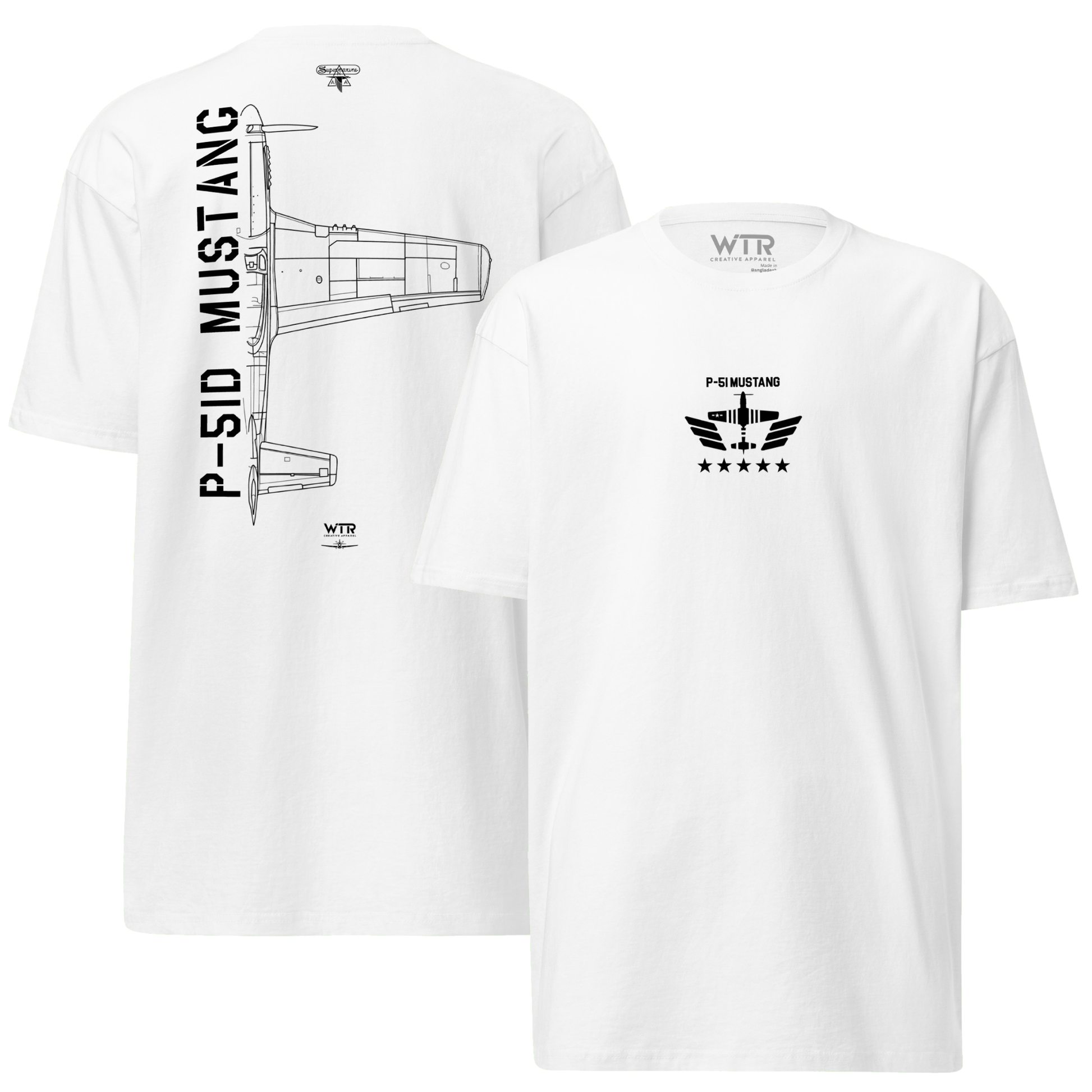 Hand-drawn technical schematic of the North American P-51D Mustang WWII fighter printed on a premium t-shirt.
