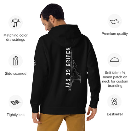Hand-drawn schematic of the SAAB JAS 39 GRIPEN printed on a unisex hoodie.