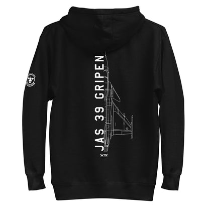 Hand-drawn schematic of the SAAB JAS 39 GRIPEN printed on a unisex hoodie.