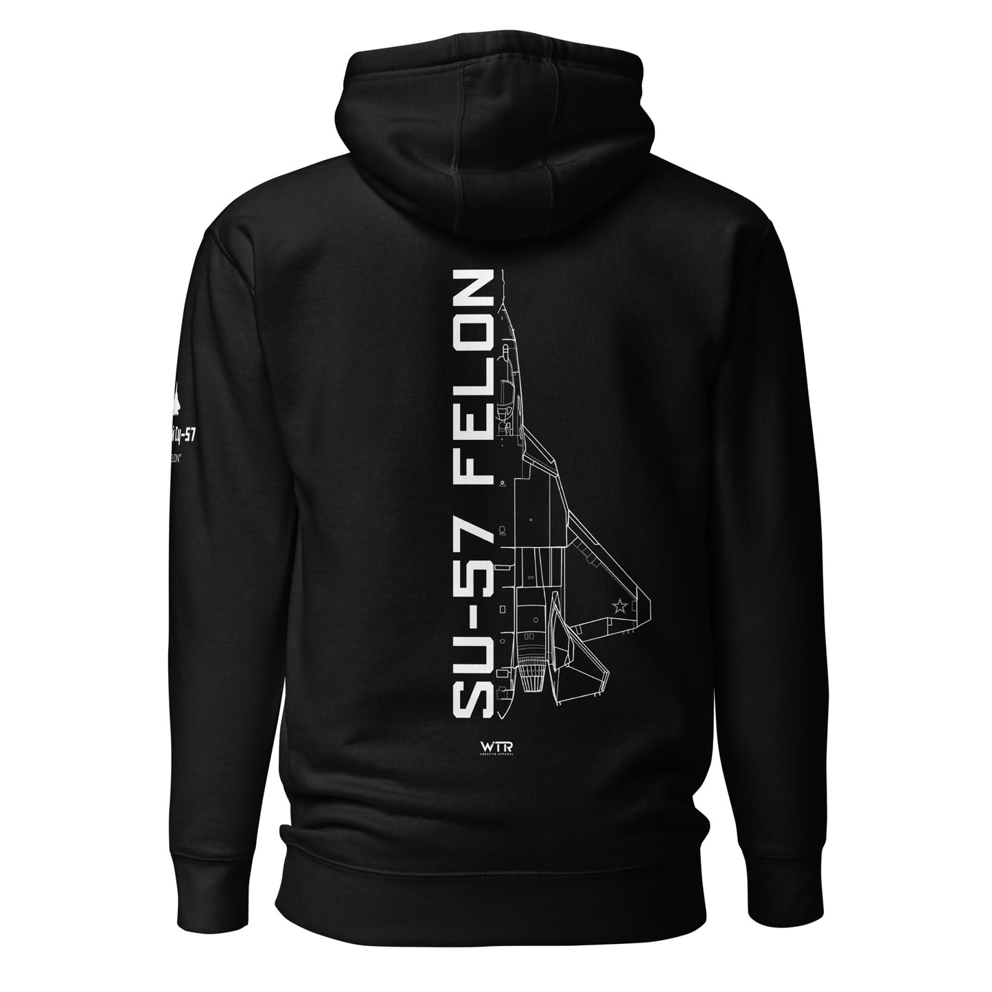 Hand-drawn schematic of the SUKHOI SU‑57 FELON printed on a unisex hoodie.