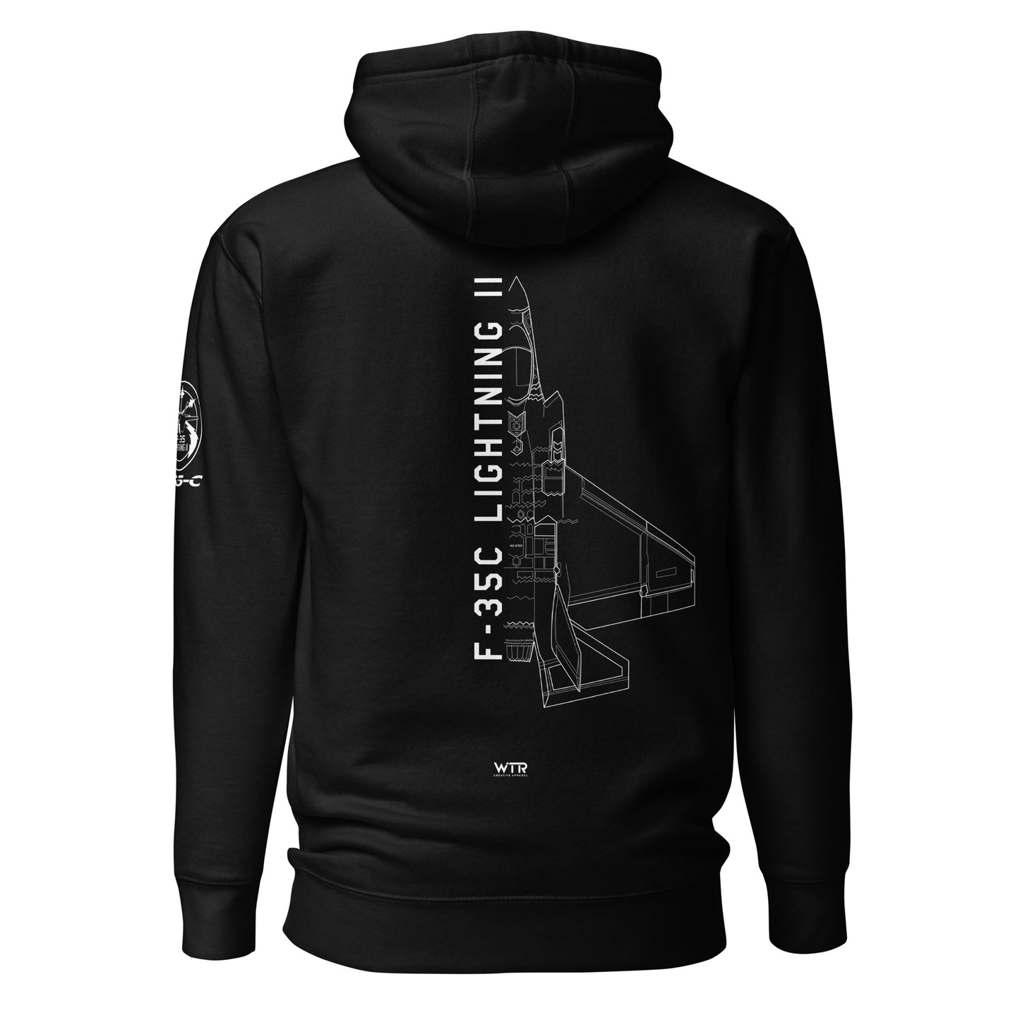 Hand-drawn schematic of the LOCKHEED MARTIN F-35C LIGHTNING II printed on a unisex hoodie.