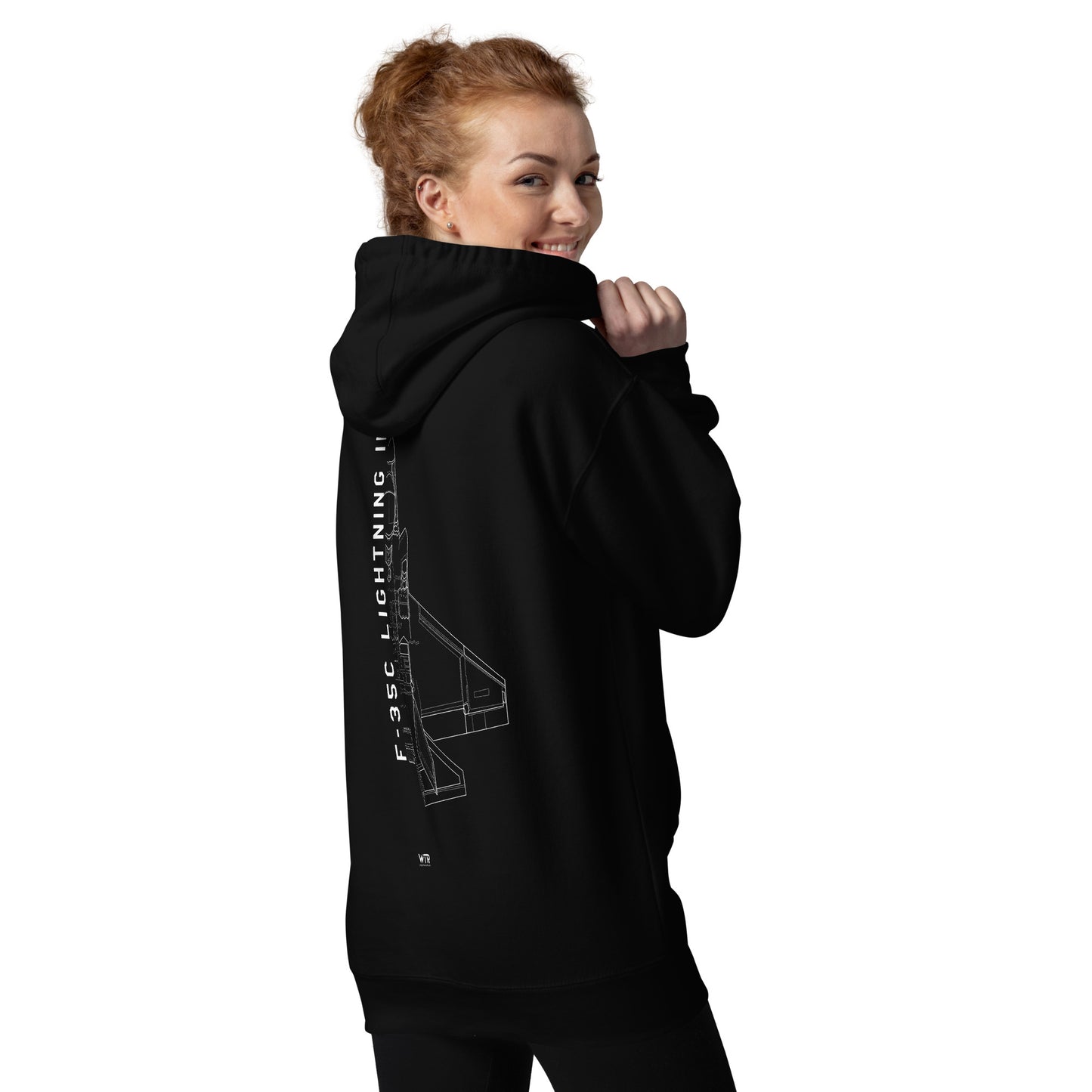 Hand-drawn schematic of the LOCKHEED MARTIN F-35C LIGHTNING II printed on a unisex hoodie.