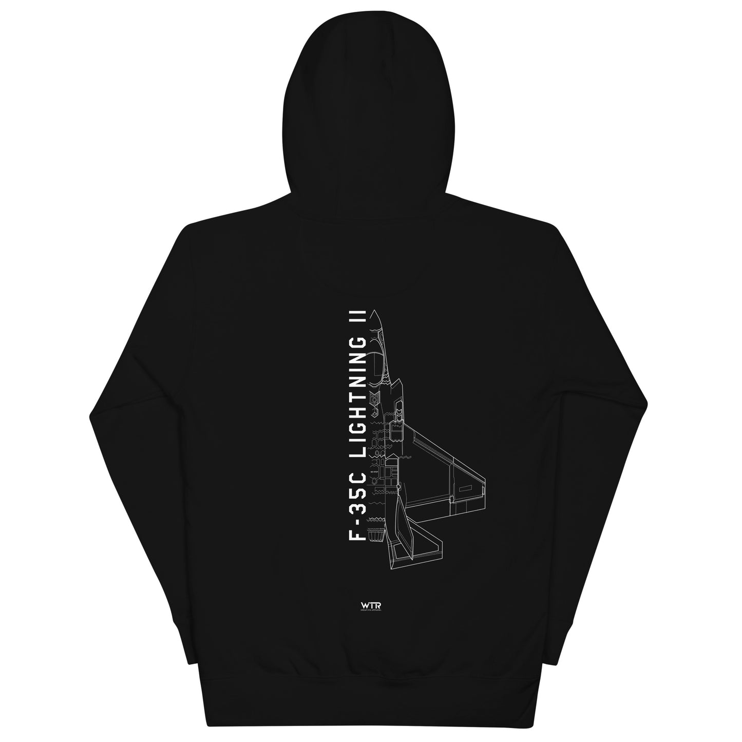 Hand-drawn schematic of the LOCKHEED MARTIN F-35C LIGHTNING II printed on a unisex hoodie.