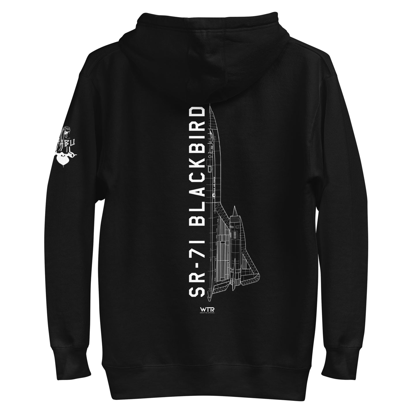 Hand-drawn schematic of the LOCKHEED MARTIN SKUNK WORKS SR-71 BLACKBIRD printed on a unisex hoodie.
